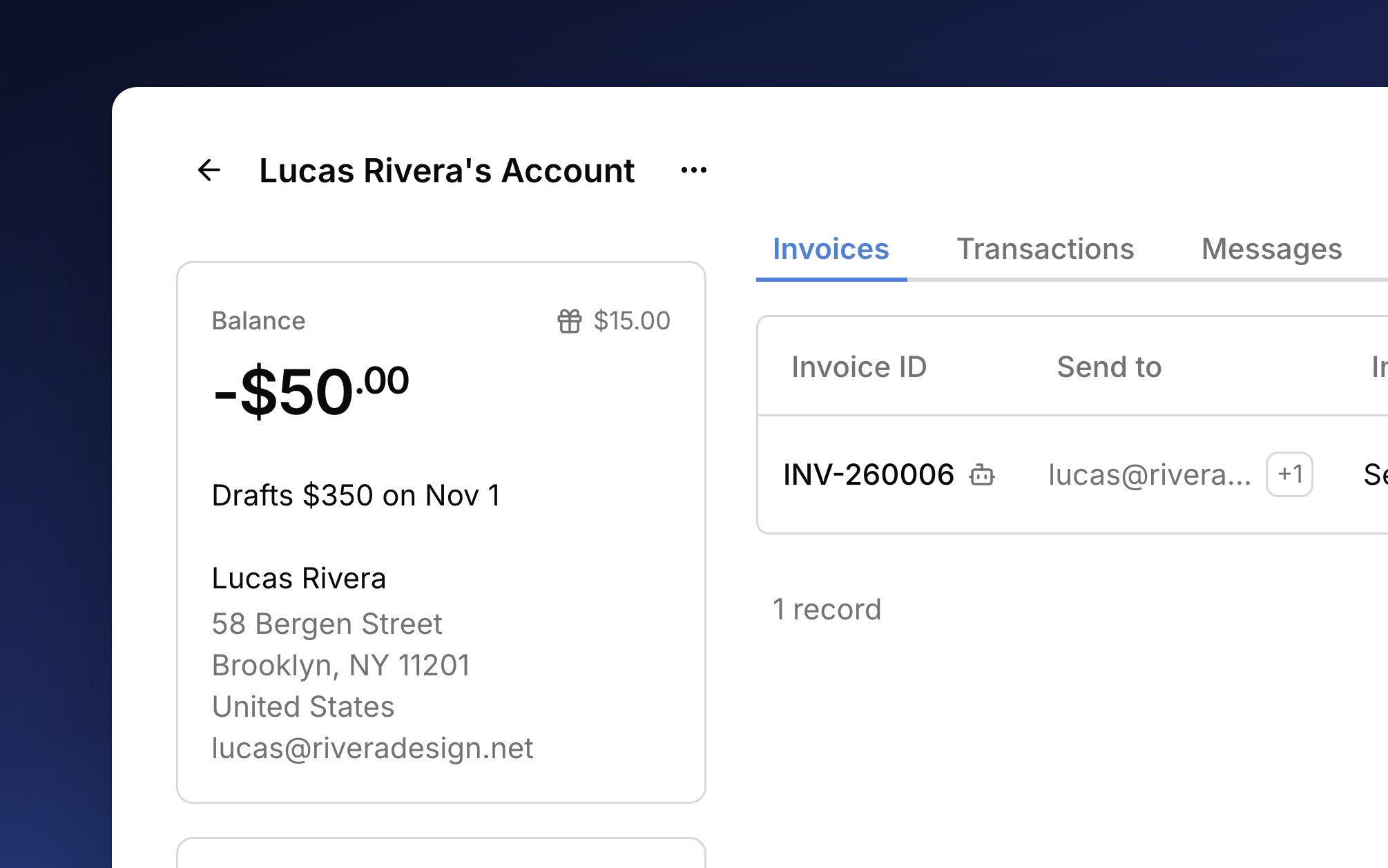 Lucas Rivera's account: a balance of -$50.00 in credit, $15 of studio credit on the gift button, the next bill reading Drafts $350 on Nov 1, and who the bill goes to.