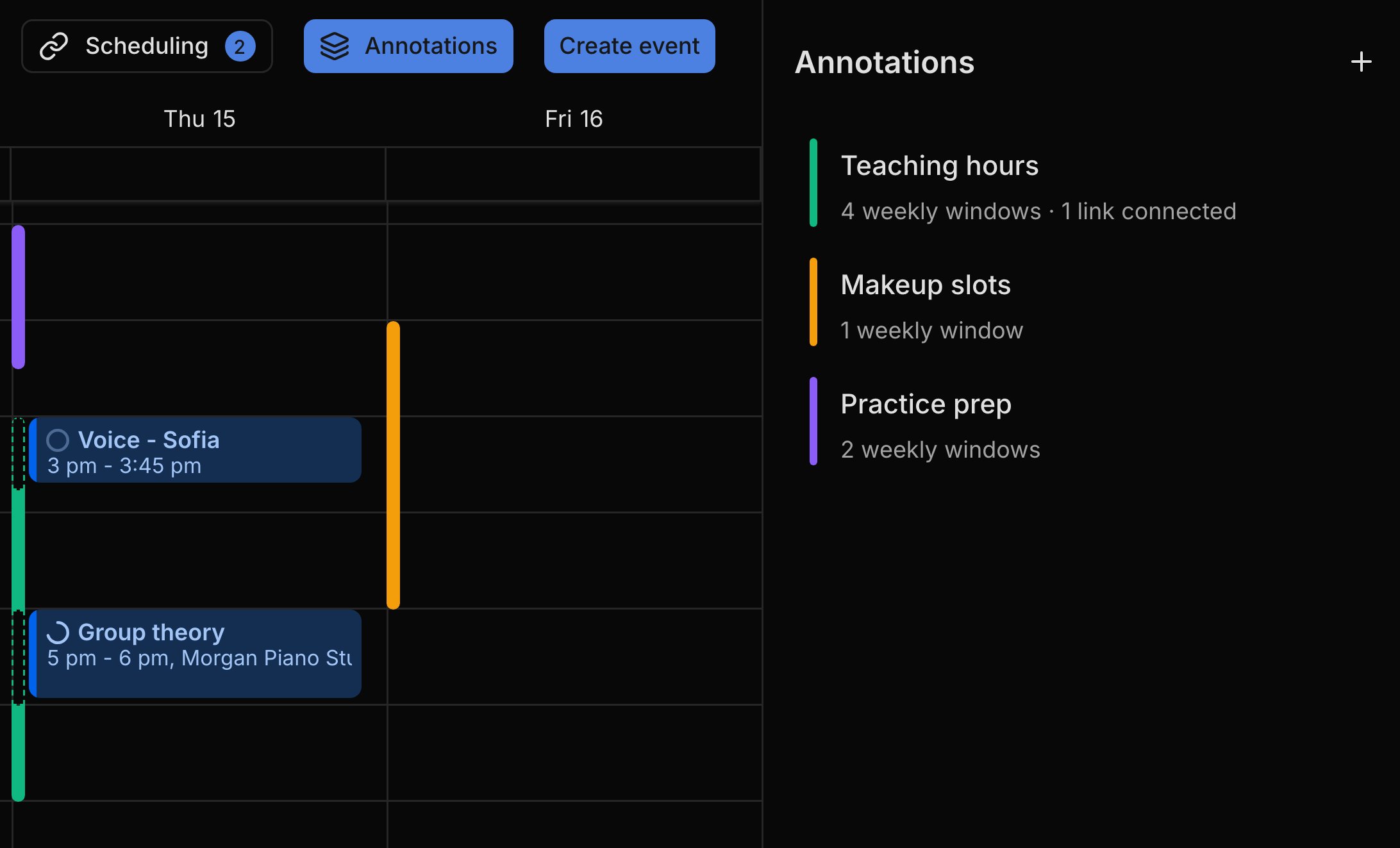 Annotations on the calendar: green Teaching hours and purple Practice prep as thin bars beside Thursday's lessons, orange Makeup slots on Friday, each named in the Annotations panel.