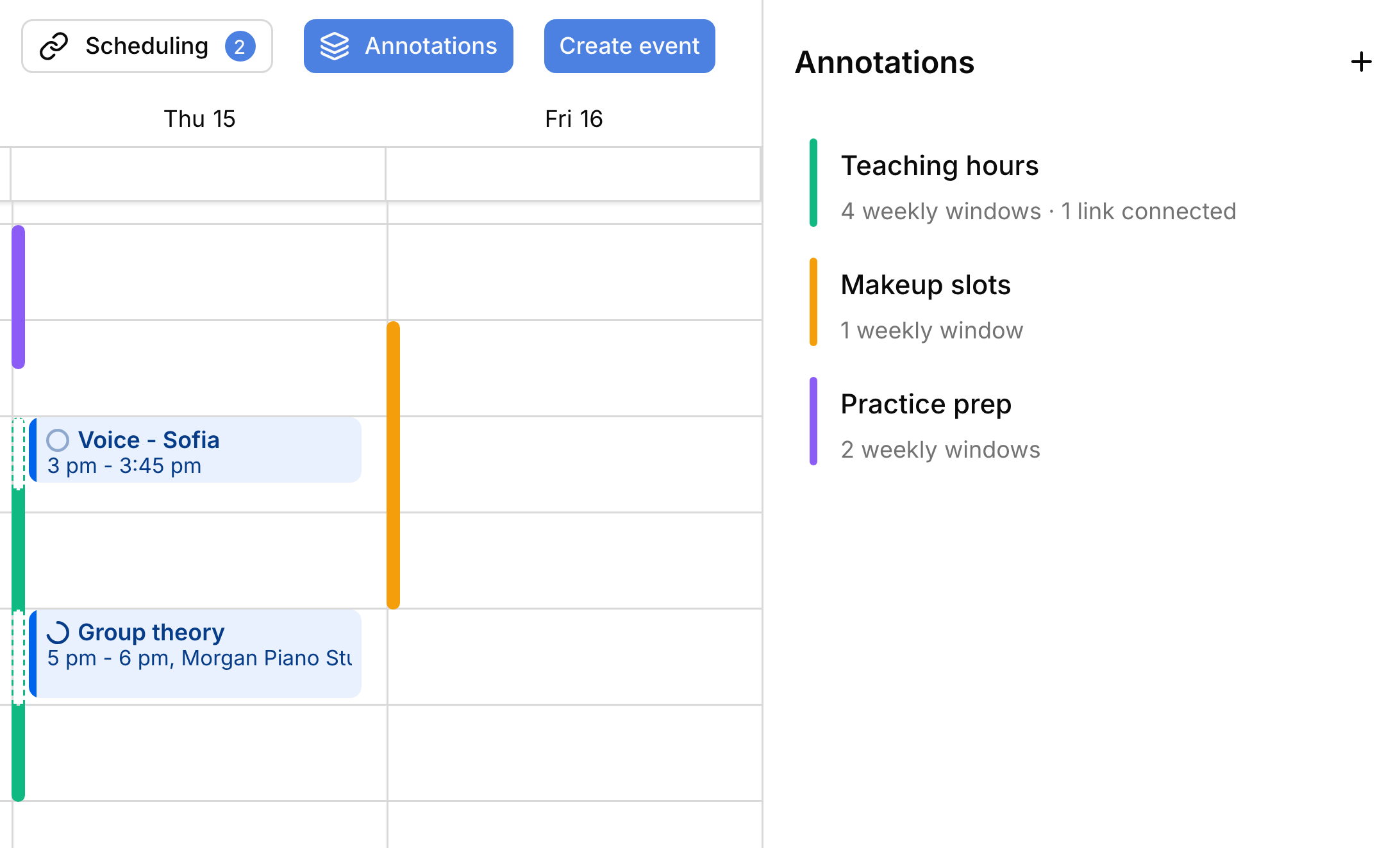 Annotations on the calendar: green Teaching hours and purple Practice prep as thin bars beside Thursday's lessons, orange Makeup slots on Friday, each named in the Annotations panel.