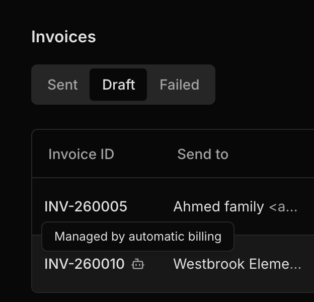 The Draft tab: Westbrook Elementary's draft has a robot icon, labeled Managed by automatic billing, and the Ahmed family's hand-made draft has none.