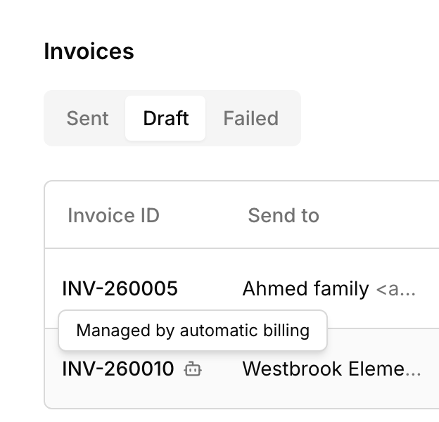The Draft tab: Westbrook Elementary's draft has a robot icon, labeled Managed by automatic billing, and the Ahmed family's hand-made draft has none.