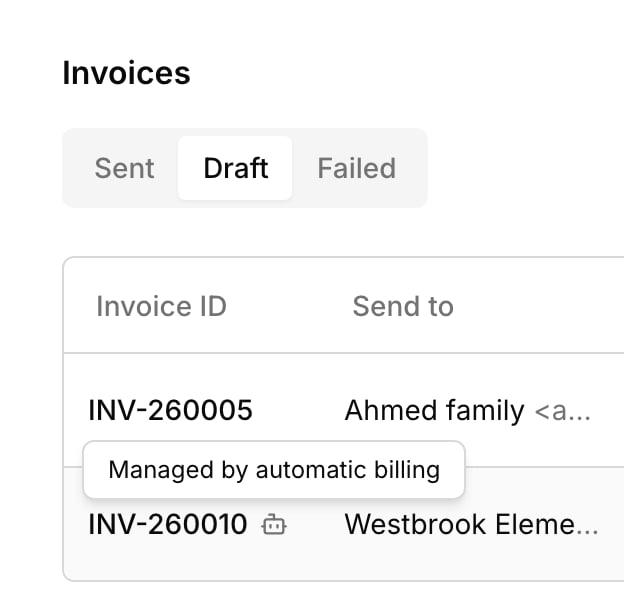 The Draft tab: Westbrook Elementary's draft has a robot icon, labeled Managed by automatic billing, and the Ahmed family's hand-made draft has none.