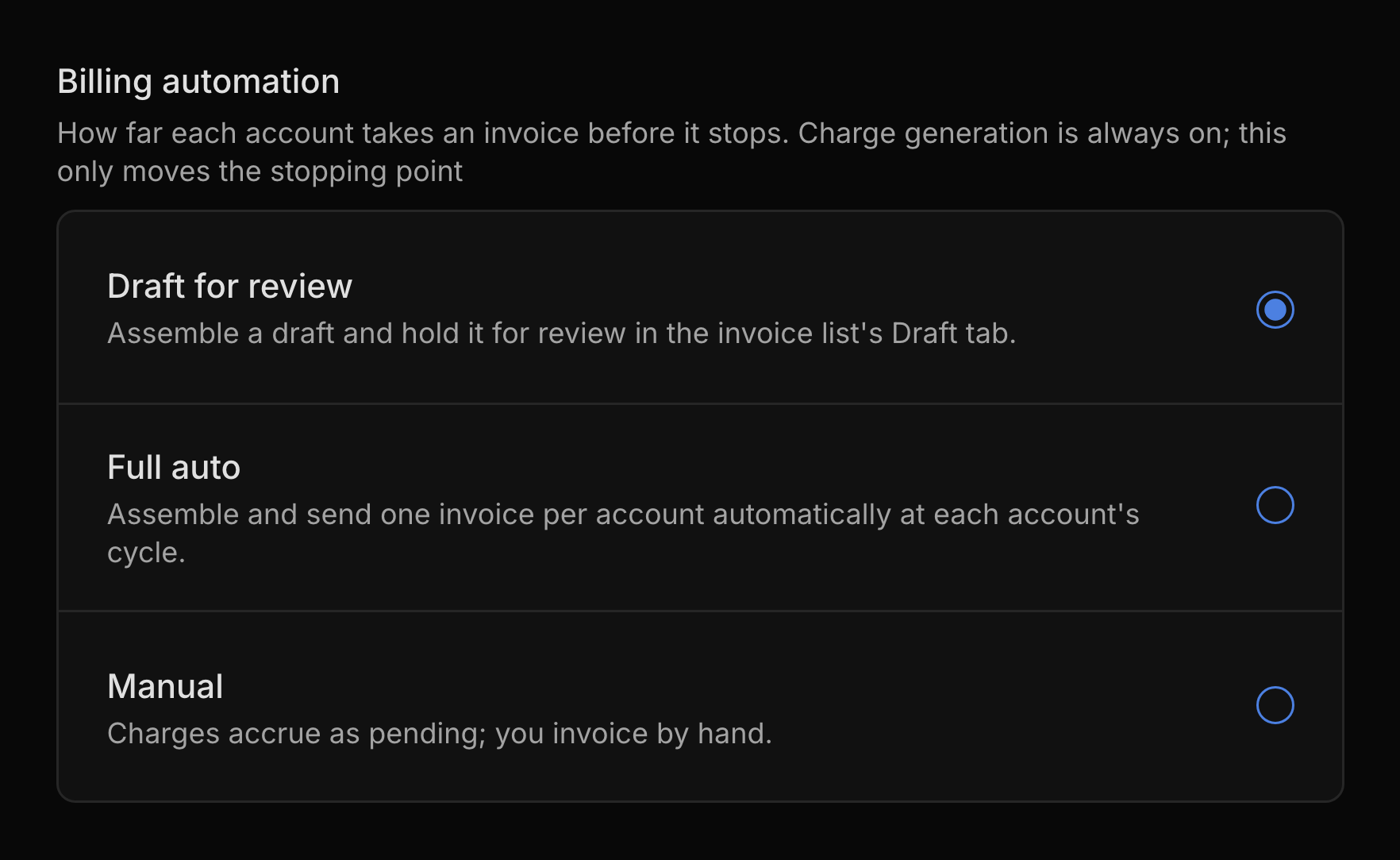 The Billing automation setting with Draft for review selected, above Full auto and Manual.