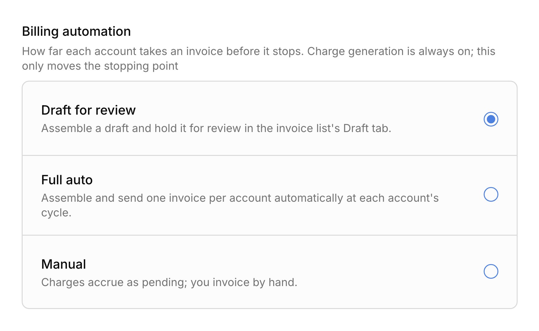 The Billing automation setting with Draft for review selected, above Full auto and Manual.