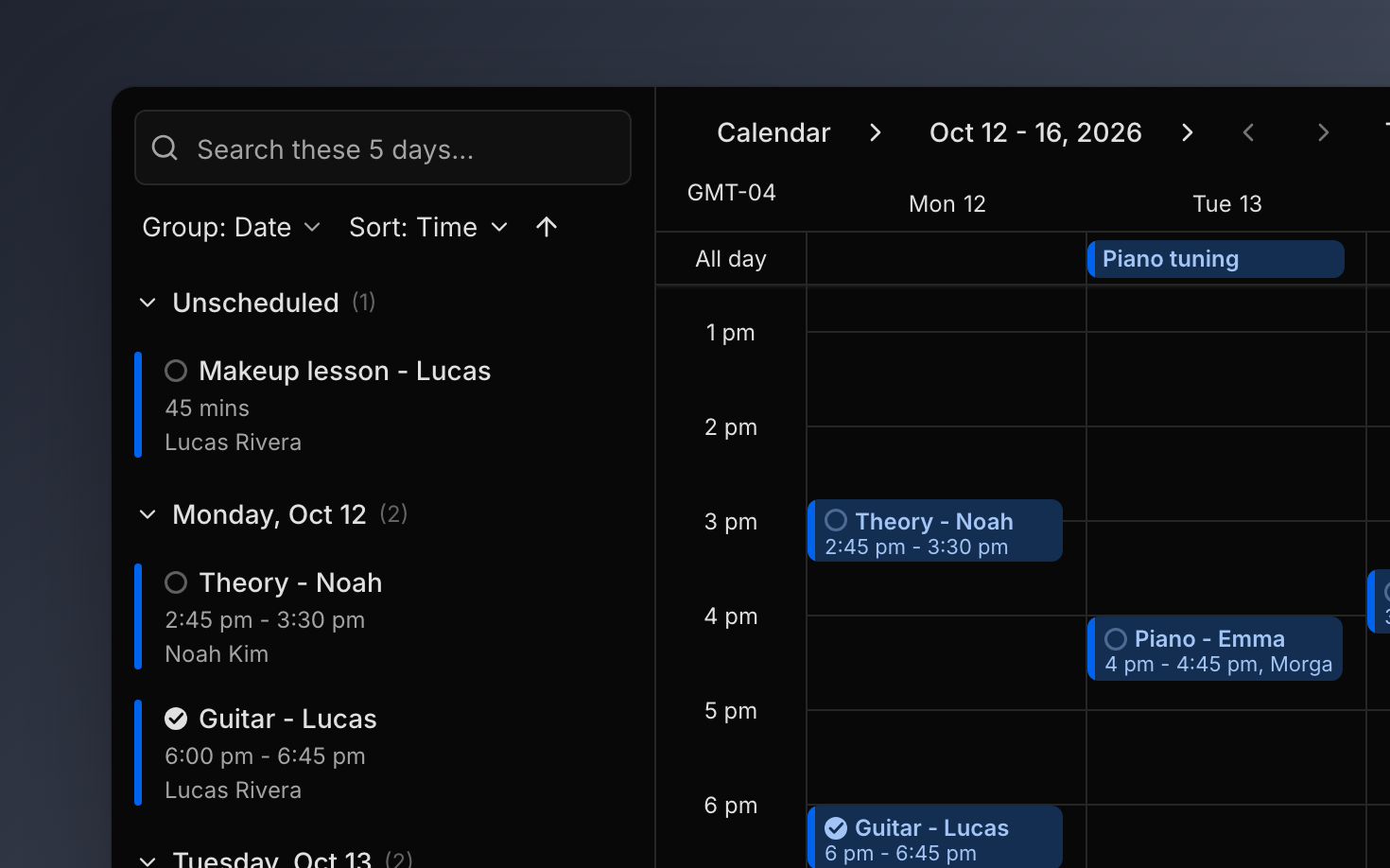 The calendar's five-day view: the agenda on the left with a makeup lesson waiting under Unscheduled, and Monday's and Tuesday's lessons in the grid, with an all-day Piano tuning above Tuesday.