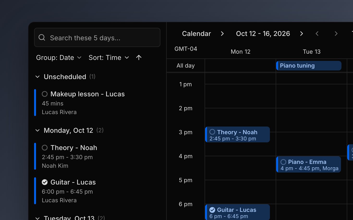 The calendar's five-day view: the agenda on the left with a makeup lesson waiting under Unscheduled, and Monday's and Tuesday's lessons in the grid, with an all-day Piano tuning above Tuesday.