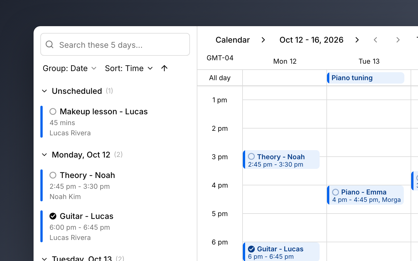The calendar's five-day view: the agenda on the left with a makeup lesson waiting under Unscheduled, and Monday's and Tuesday's lessons in the grid, with an all-day Piano tuning above Tuesday.
