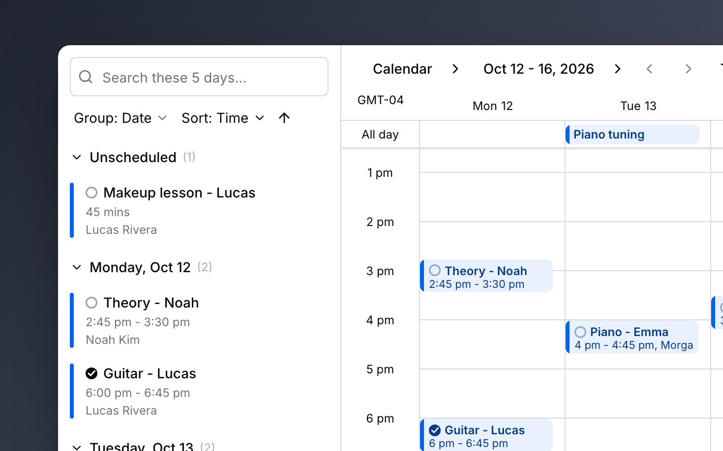 The calendar's five-day view: the agenda on the left with a makeup lesson waiting under Unscheduled, and Monday's and Tuesday's lessons in the grid, with an all-day Piano tuning above Tuesday.