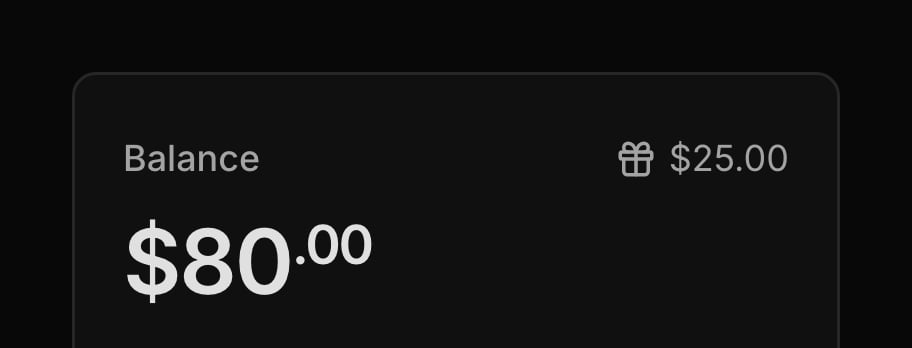 The gift button beside an account's Balance, showing $25.00 of studio credit.