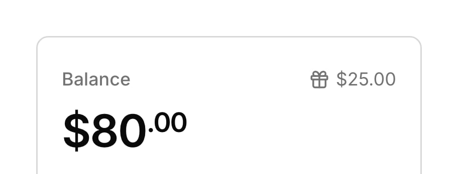 The gift button beside an account's Balance, showing $25.00 of studio credit.