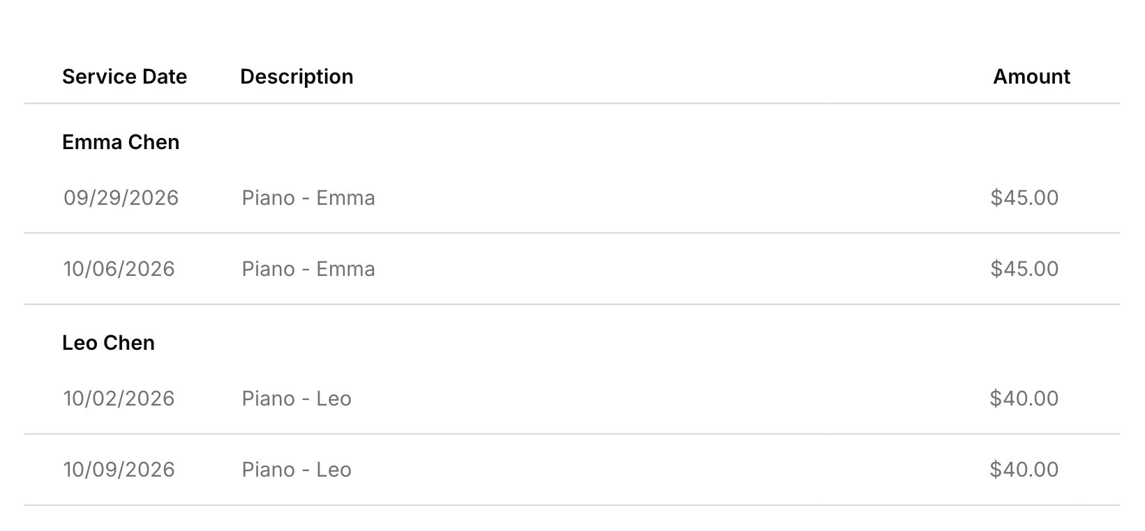 A family invoice with each child's lessons listed under their own name: Emma Chen's two lessons, then Leo Chen's two.