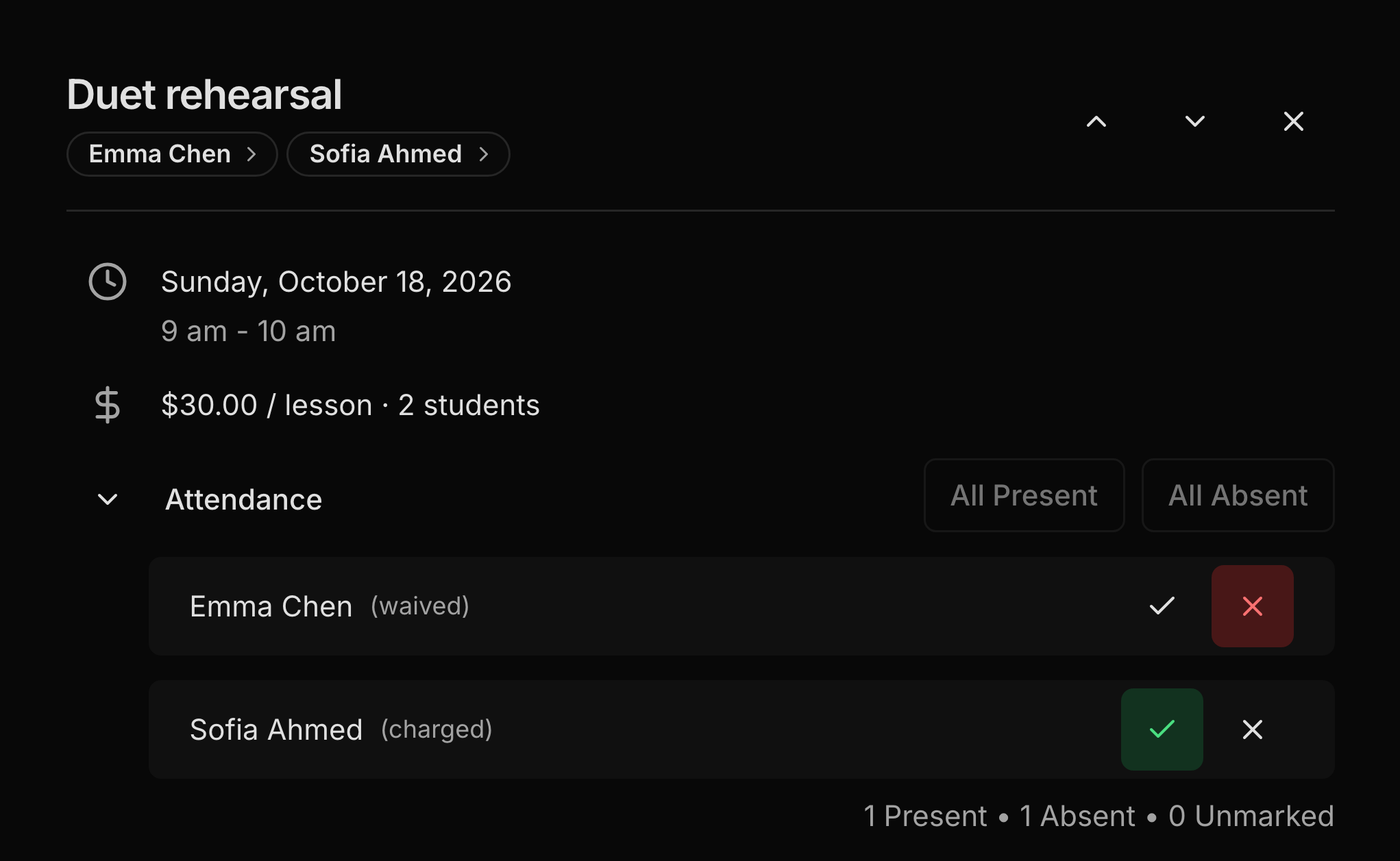 A group lesson on the Lessons page: Sofia marked present and charged, and Emma absent with the charge waived.