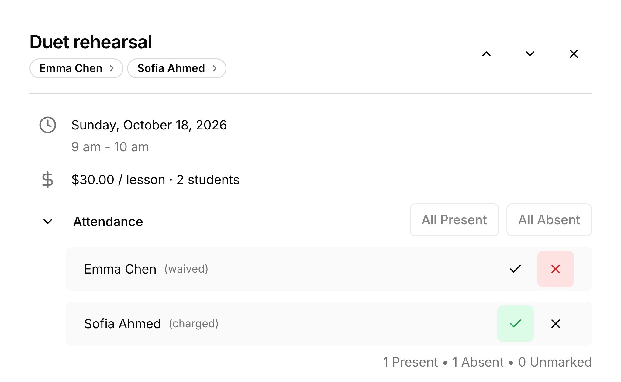 A group lesson on the Lessons page: Sofia marked present and charged, and Emma absent with the charge waived.