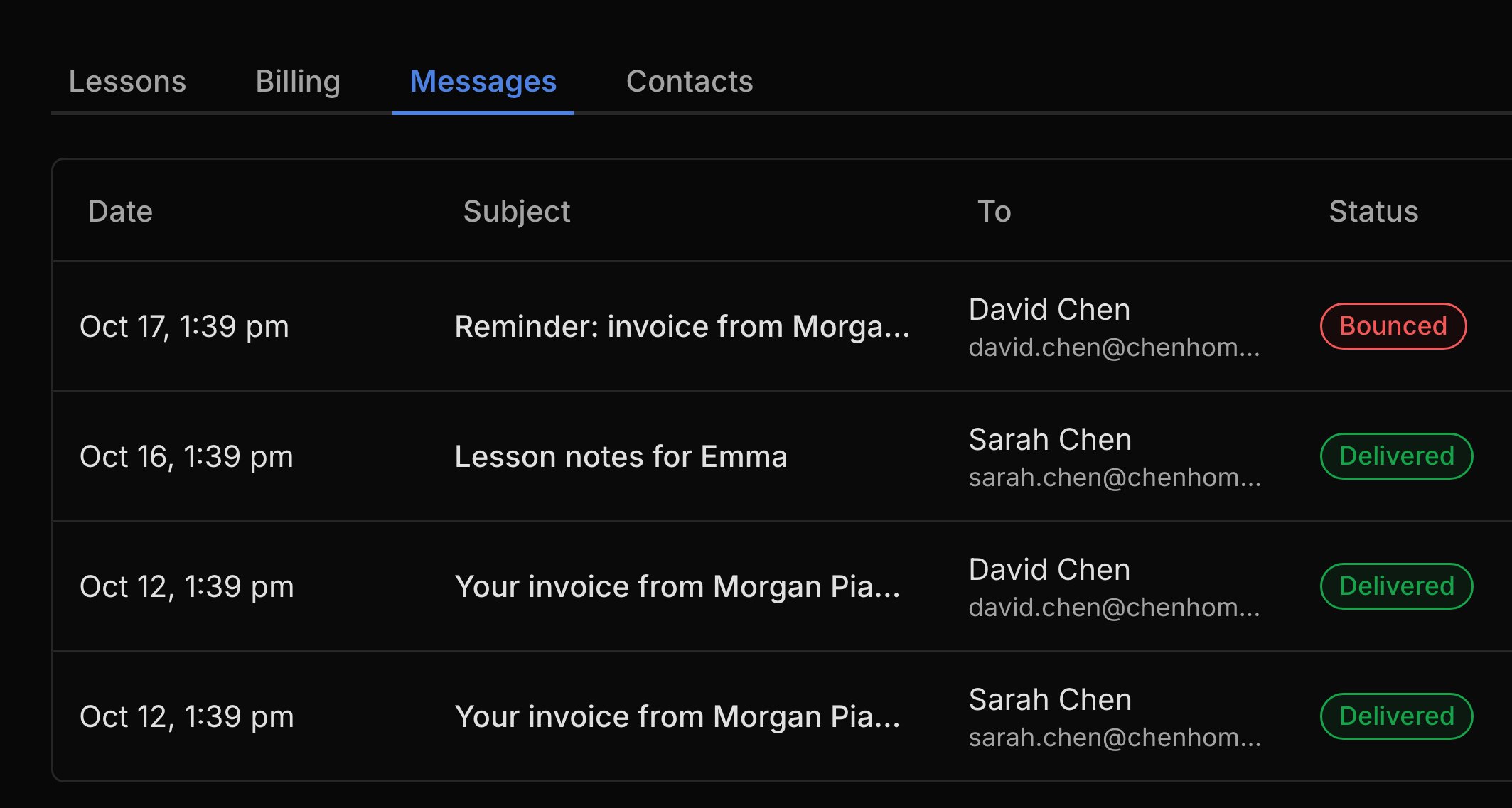 Emma Chen's Messages tab: the same invoice sent to both parents as two rows, lesson notes to Sarah, and a reminder to David marked Bounced