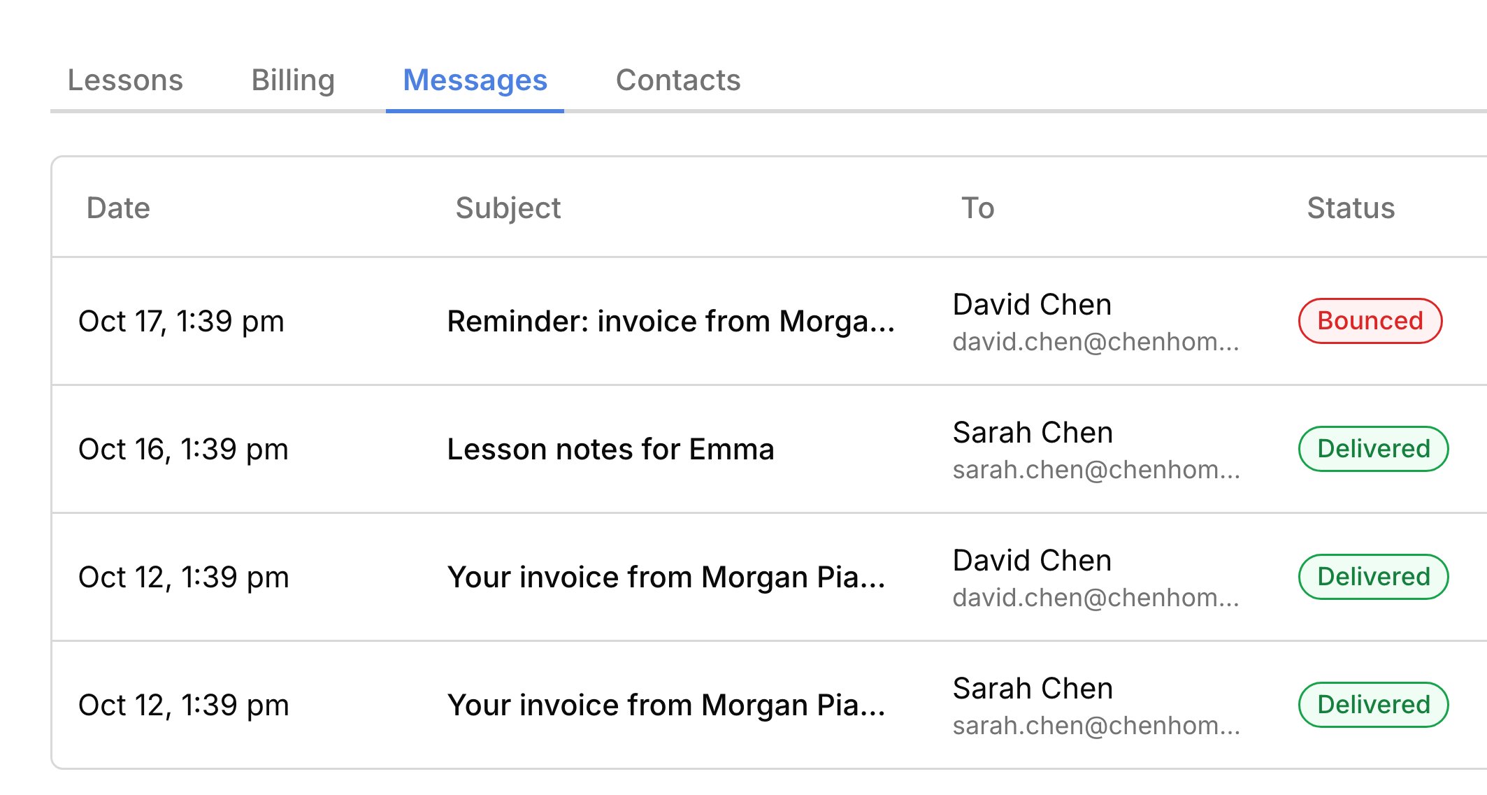Emma Chen's Messages tab: the same invoice sent to both parents as two rows, lesson notes to Sarah, and a reminder to David marked Bounced