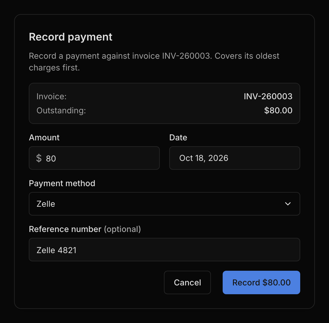 Recording a Zelle payment on the Kim family's overdue invoice: $80.00 outstanding, and the button reading Record $80.00.