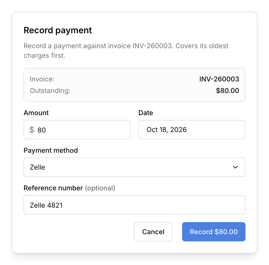 Recording a Zelle payment on the Kim family's overdue invoice: $80.00 outstanding, and the button reading Record $80.00.