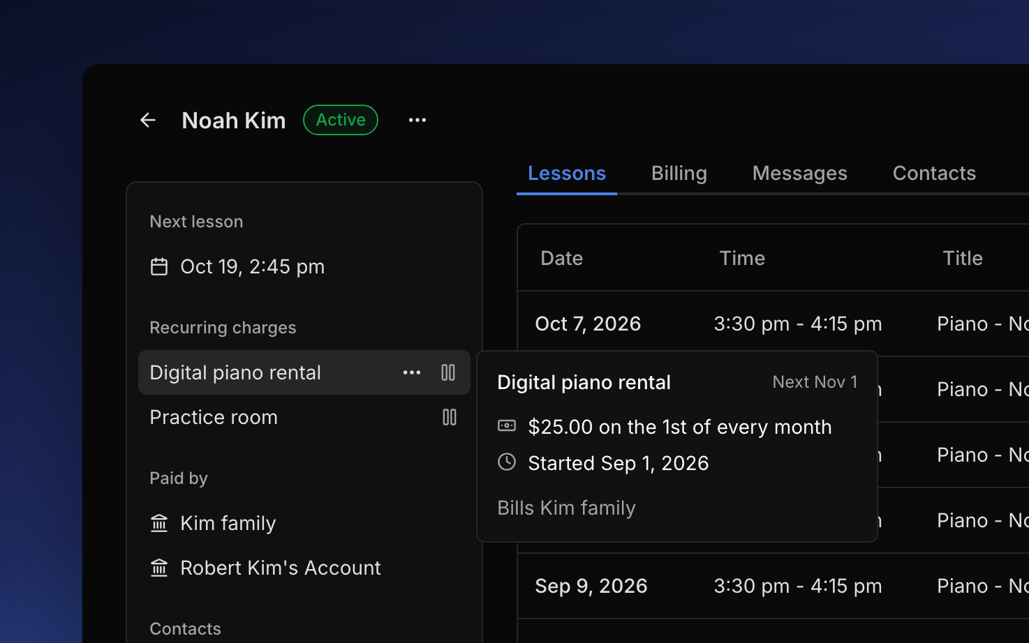 Noah Kim's recurring charges: a digital piano rental billing every month, its card showing the next date and price, and a practice room paused.