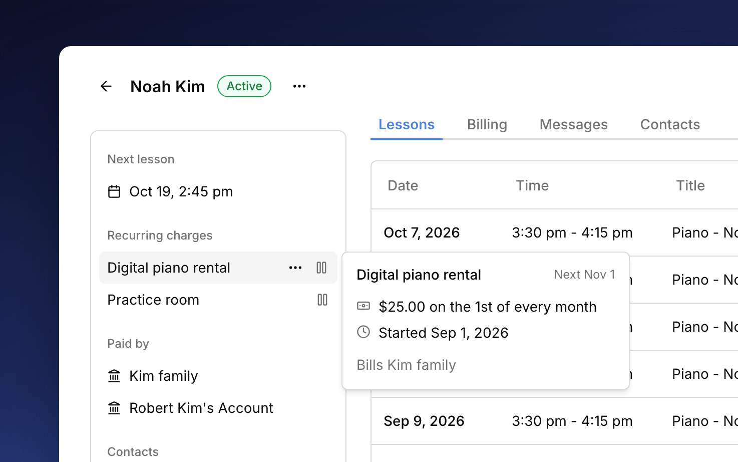Noah Kim's recurring charges: a digital piano rental billing every month, its card showing the next date and price, and a practice room paused.