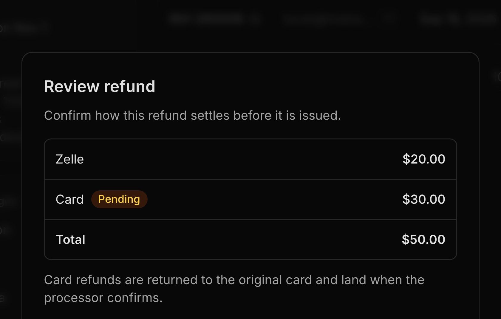 Reviewing a $50 refund on Lucas Rivera's account: $20 goes back by Zelle and $30 to the card, marked Pending, totaling $50.00.