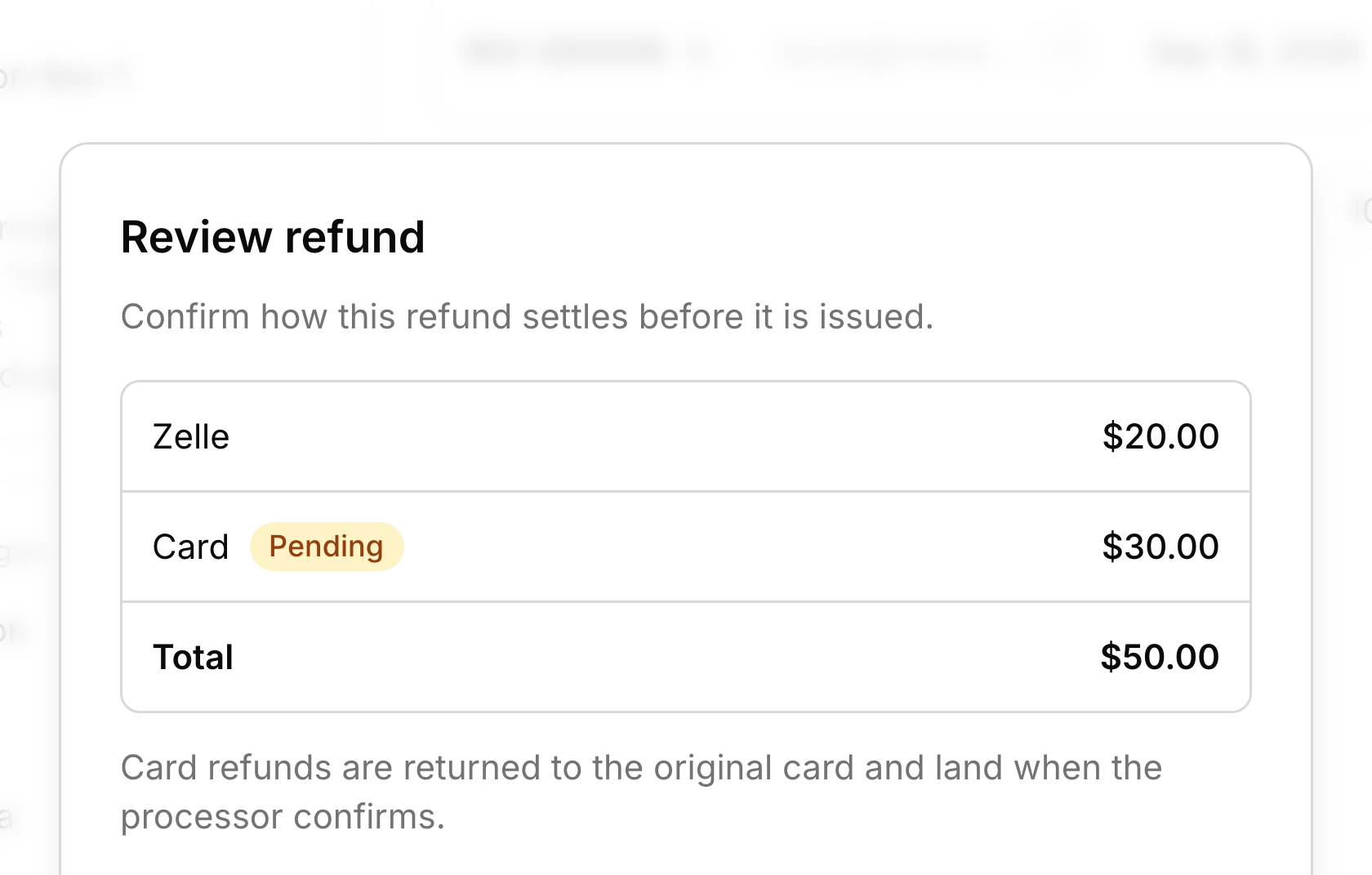 Reviewing a $50 refund on Lucas Rivera's account: $20 goes back by Zelle and $30 to the card, marked Pending, totaling $50.00.
