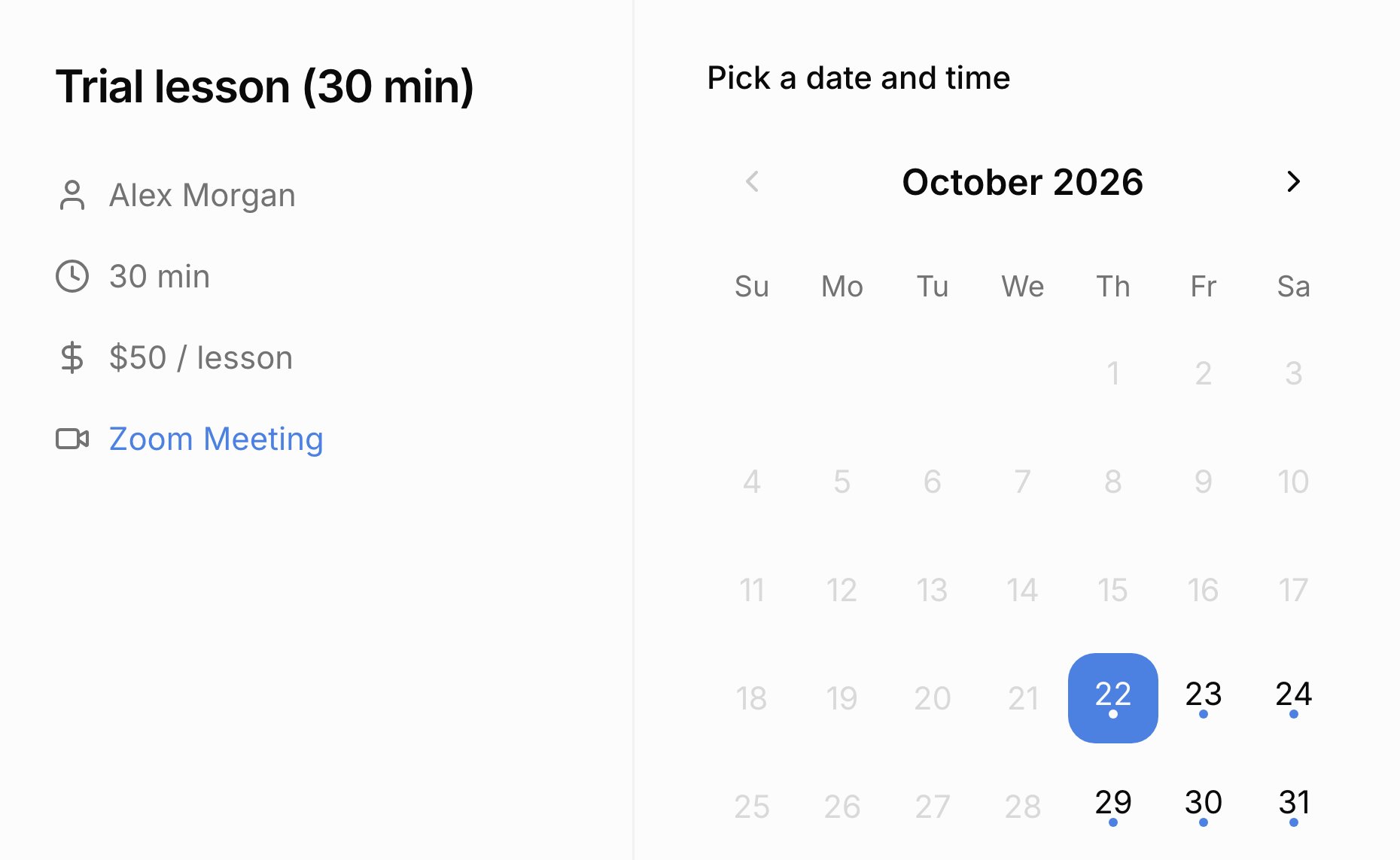 A family's view of a scheduling link: Trial lesson, 30 minutes, $50 per lesson, a Zoom meeting, and a calendar of open dates with the first one selected.