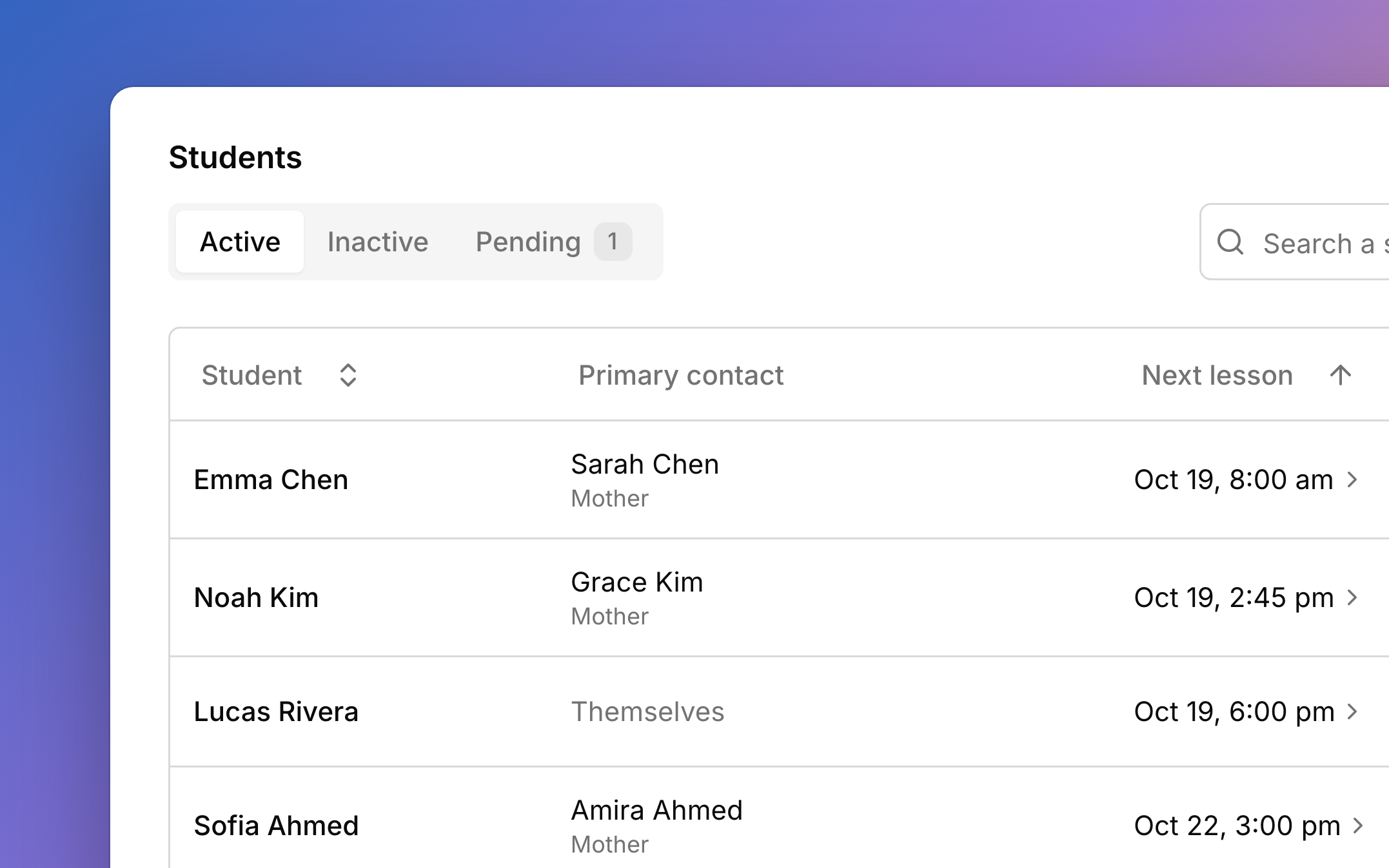 The active students list: each student with their primary contact (Lucas Rivera reads Themselves) and their next lesson date, with 1 pending shown in the tab