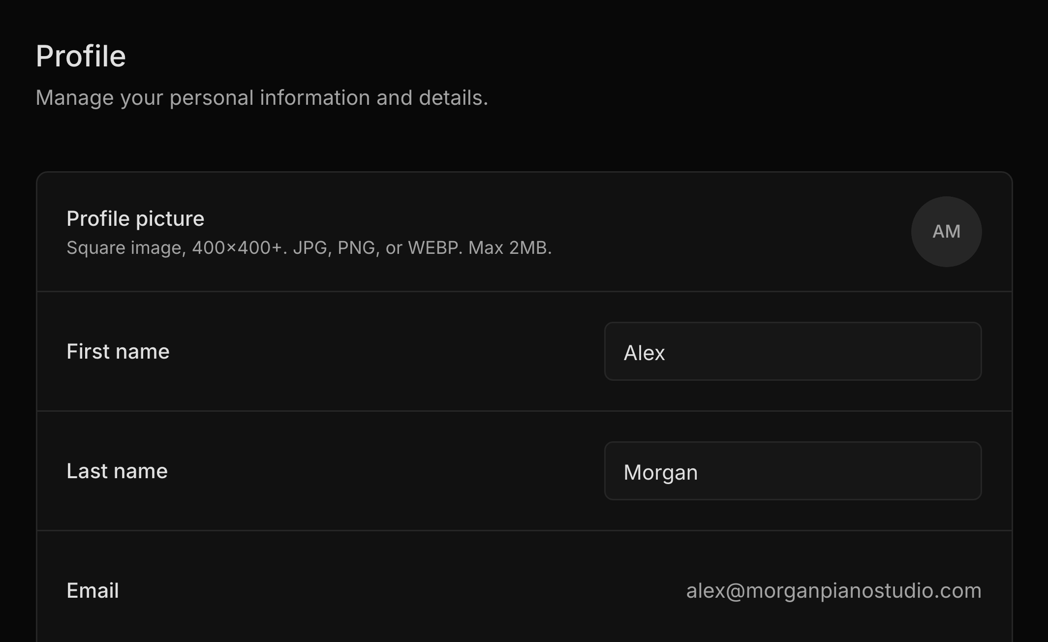 Settings, Profile: Alex Morgan's name filled in, an initials circle where a photo would go, and the sign-in email shown for reference
