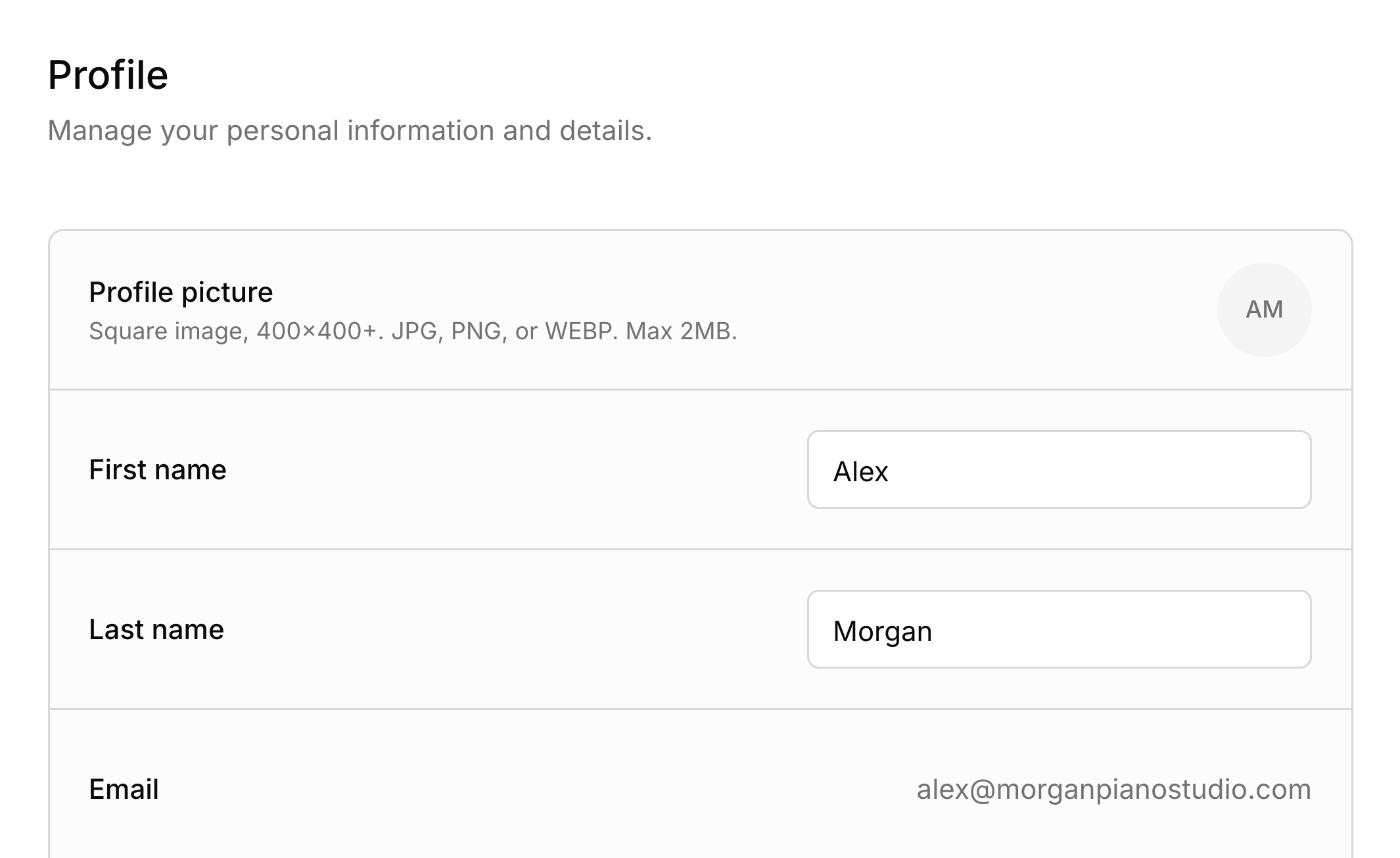 Settings, Profile: Alex Morgan's name filled in, an initials circle where a photo would go, and the sign-in email shown for reference