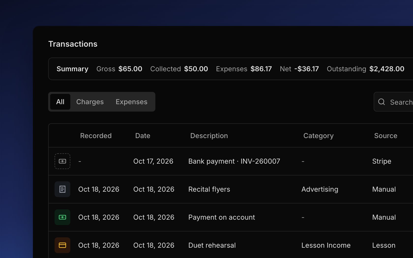 The Transactions list: a bank payment still processing pinned at the top, then a new expense, a payment, and a lesson charge, each with its own icon.