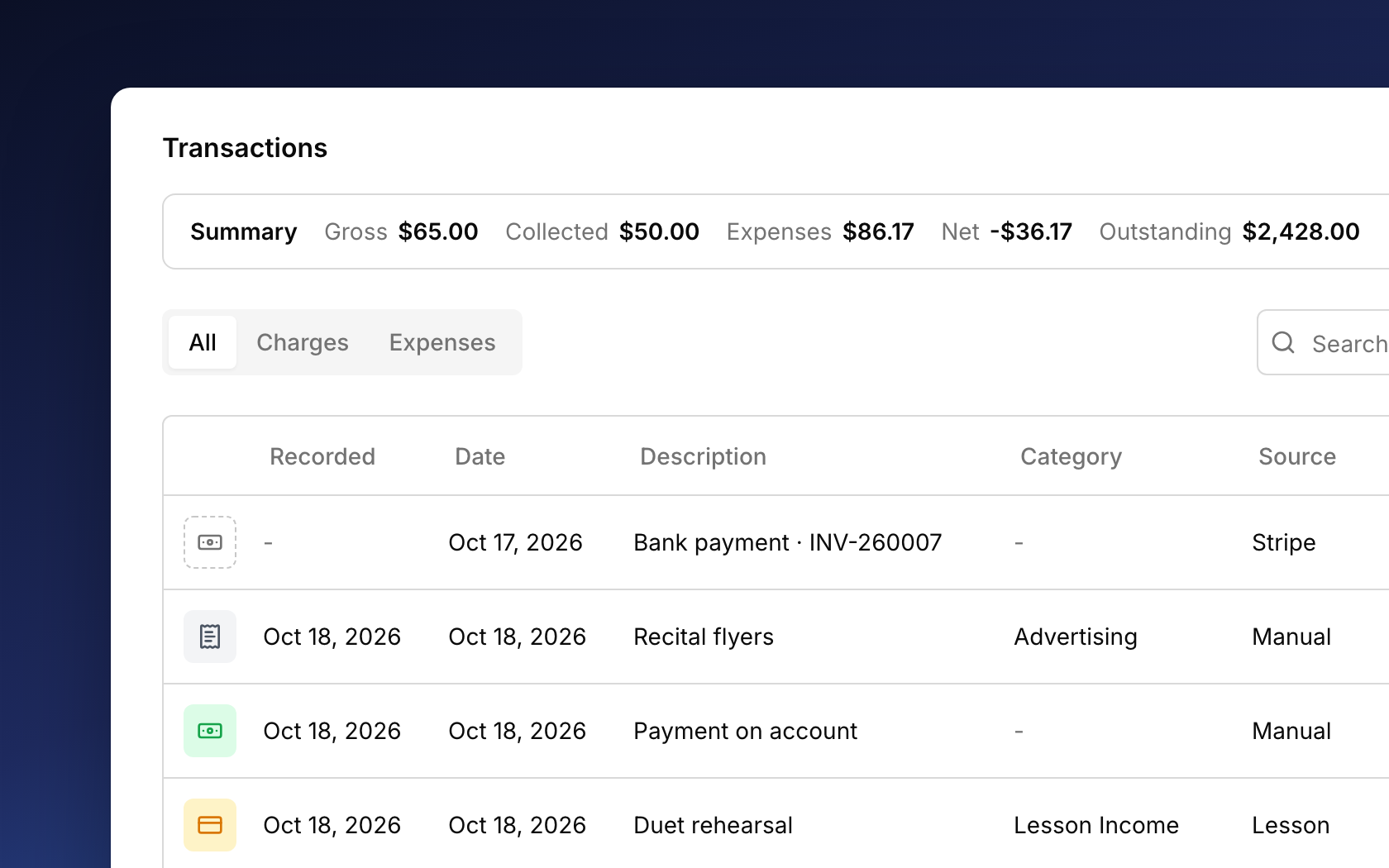 The Transactions list: a bank payment still processing pinned at the top, then a new expense, a payment, and a lesson charge, each with its own icon.