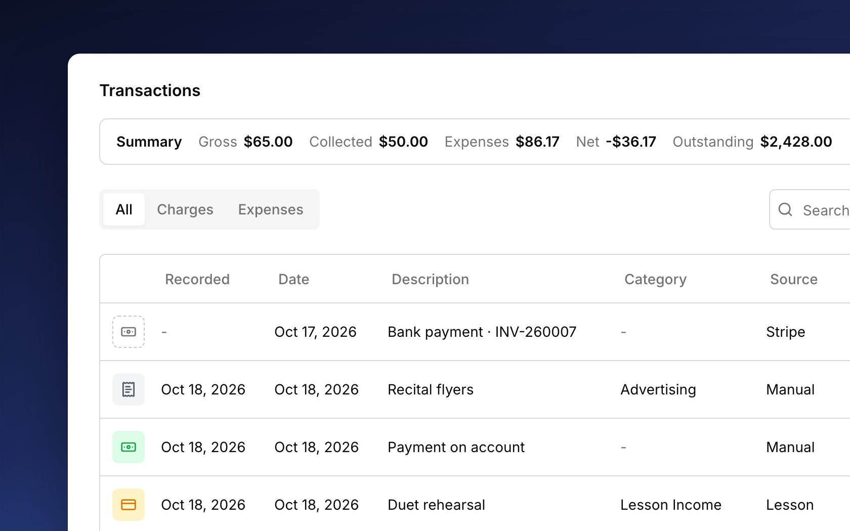 The Transactions list: a bank payment still processing pinned at the top, then a new expense, a payment, and a lesson charge, each with its own icon.