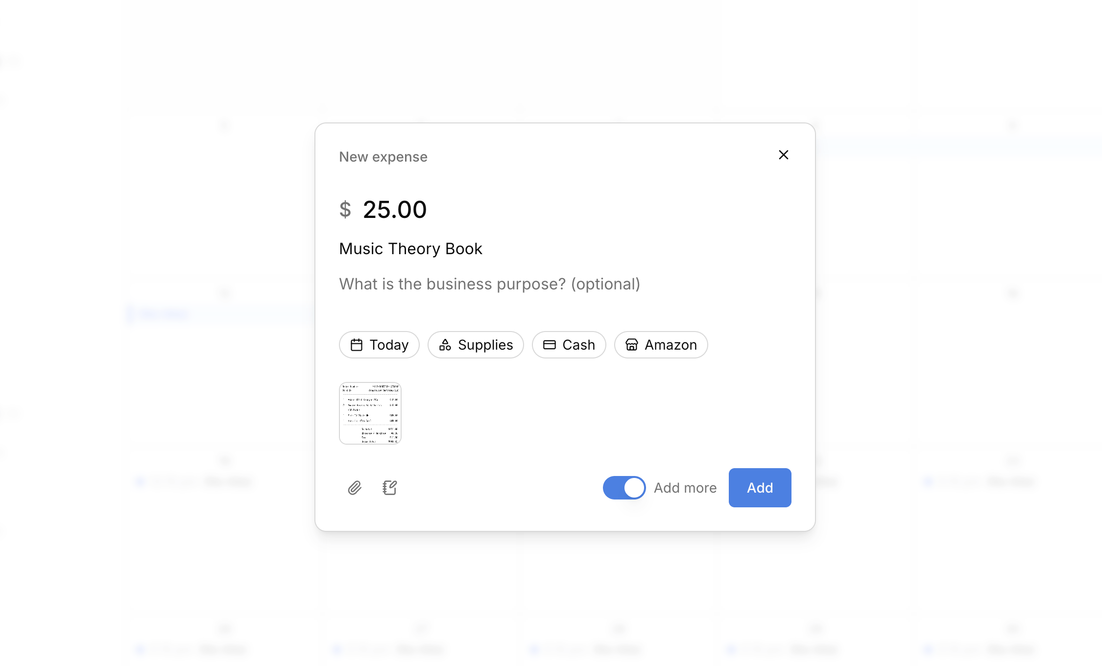 The New expense modal: the amount and description on top, then a row of pills for date, category, method, and vendor, a receipt thumbnail, and the Add more toggle beside the Add button