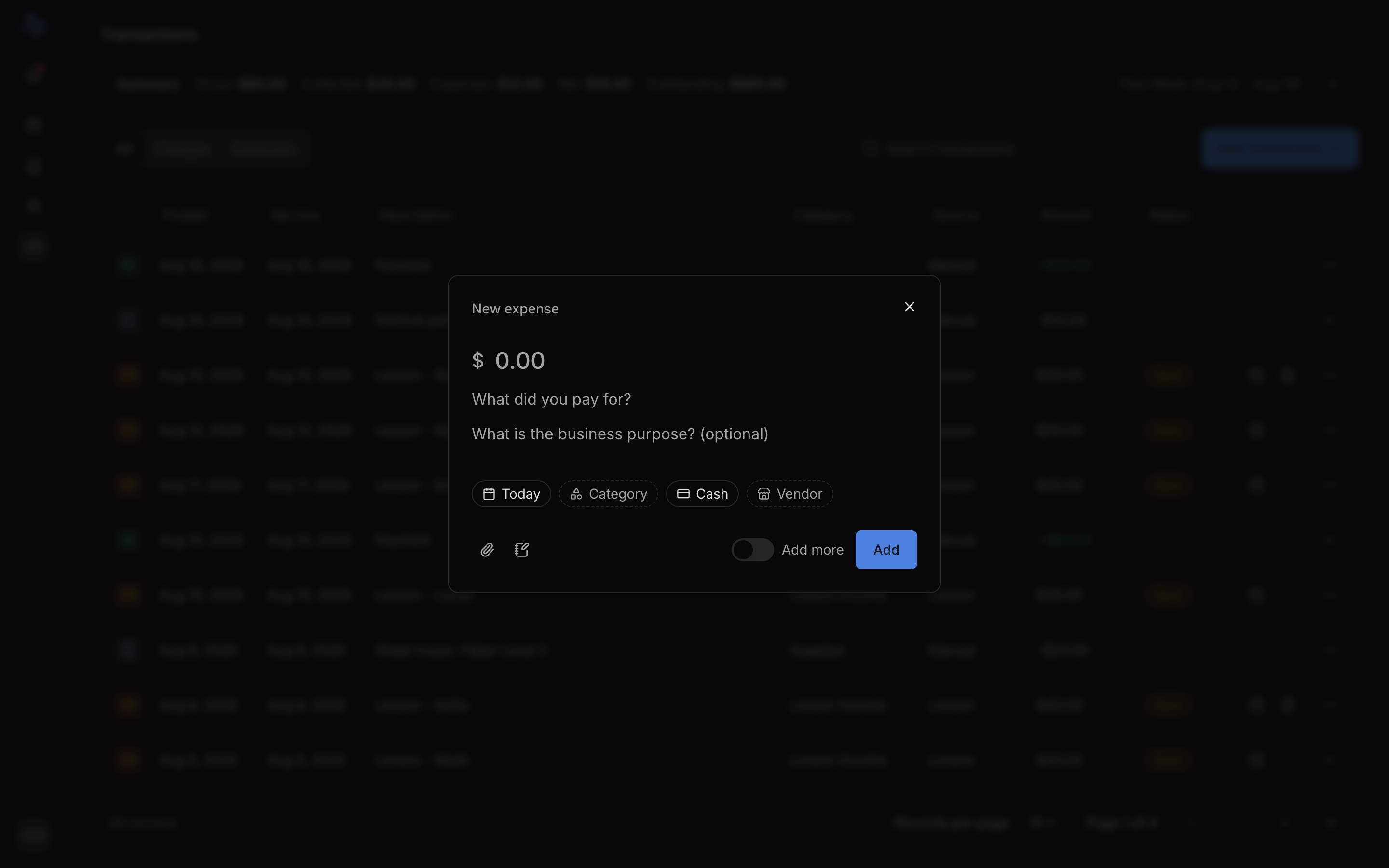 The Add expense form with Category, Amount, Date, Description, and the receipt nudge