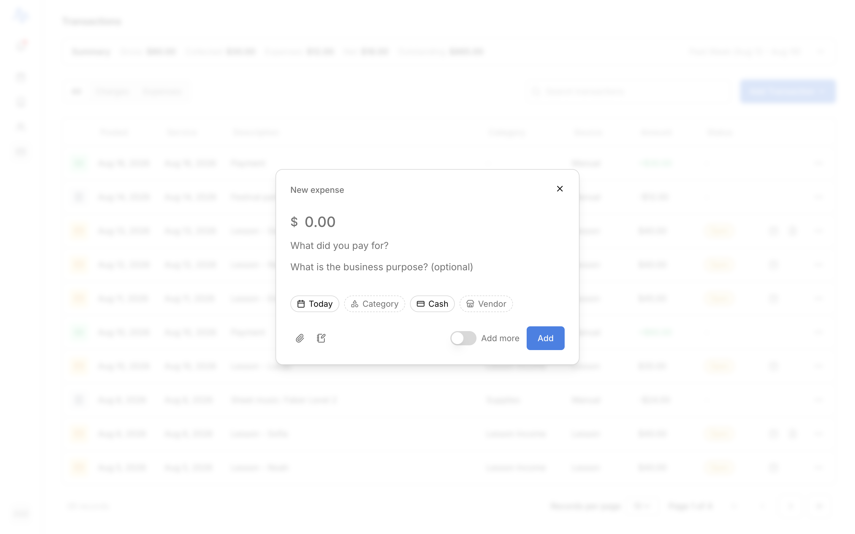 The Add expense form with Category, Amount, Date, Description, and the receipt nudge