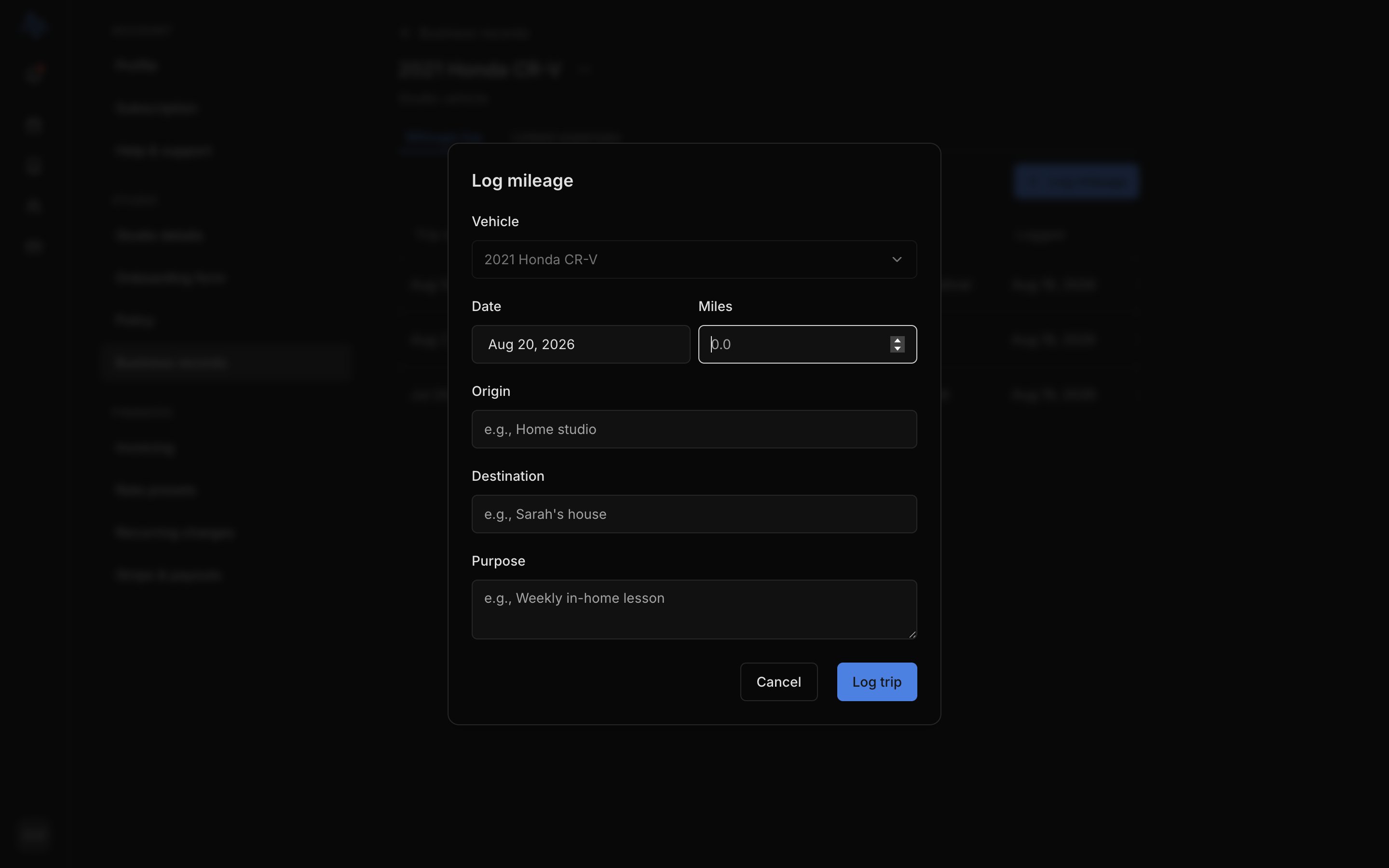 The Log mileage dialog with Vehicle, Date, Miles, Destination, and Purpose fields