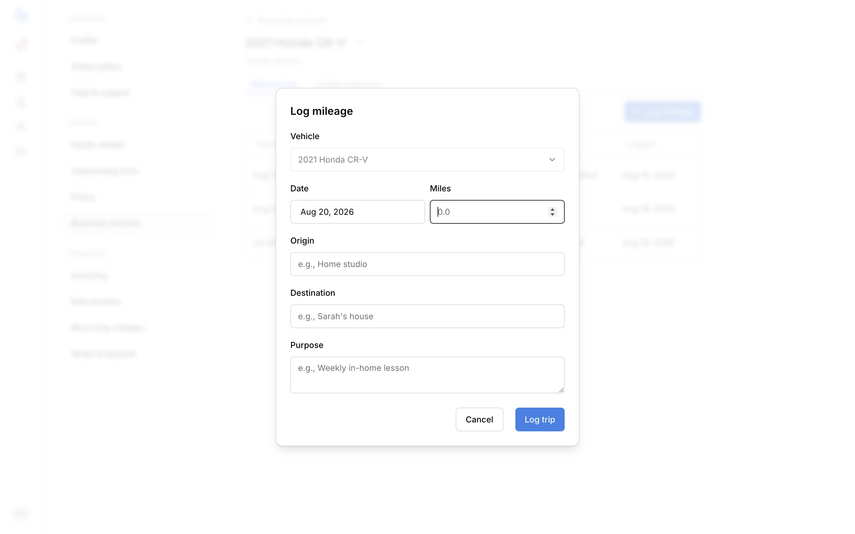 The Log mileage dialog with Vehicle, Date, Miles, Destination, and Purpose fields