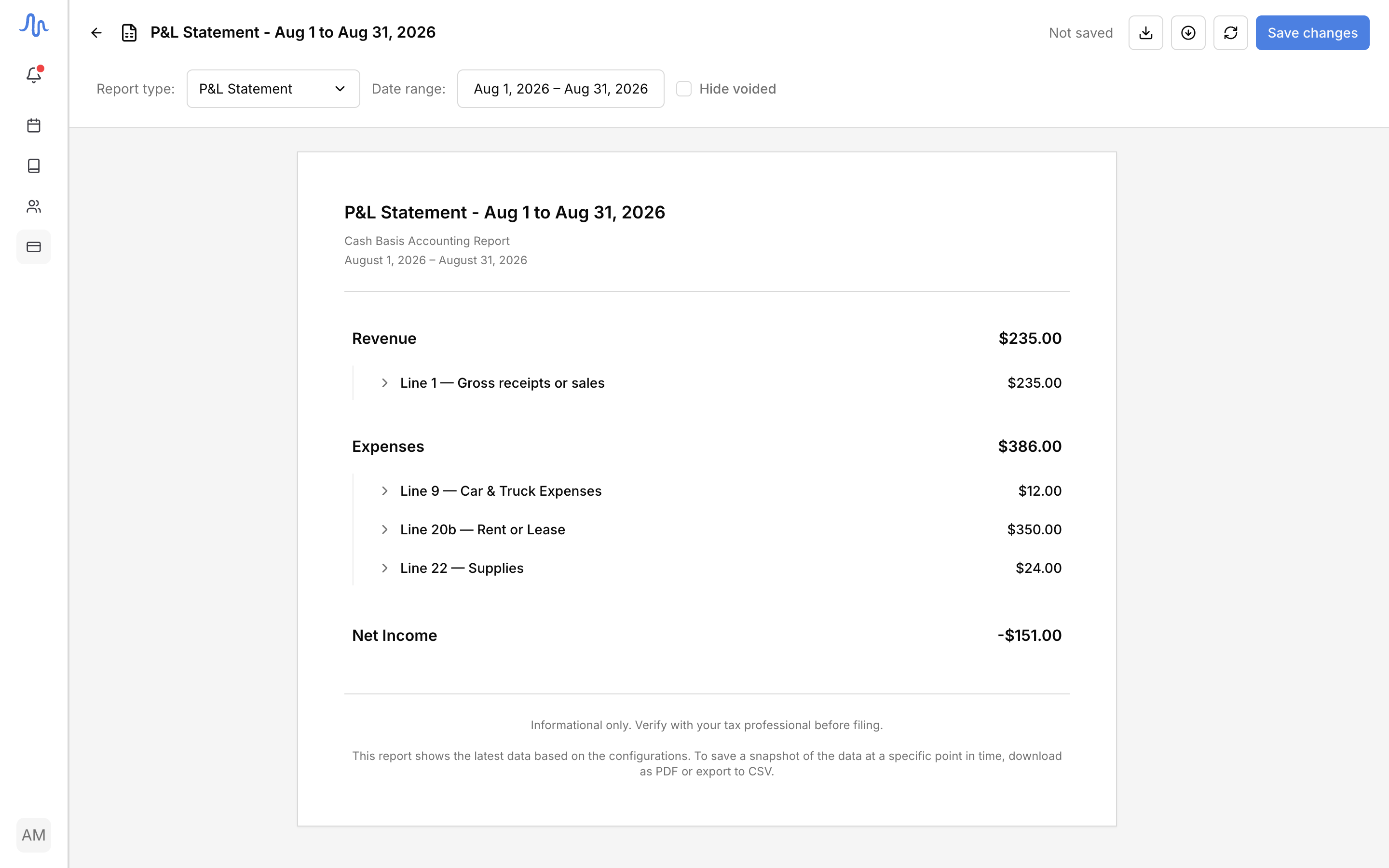 A Profit & Loss statement with the Revenue and Expenses sections and the Net income row at the bottom