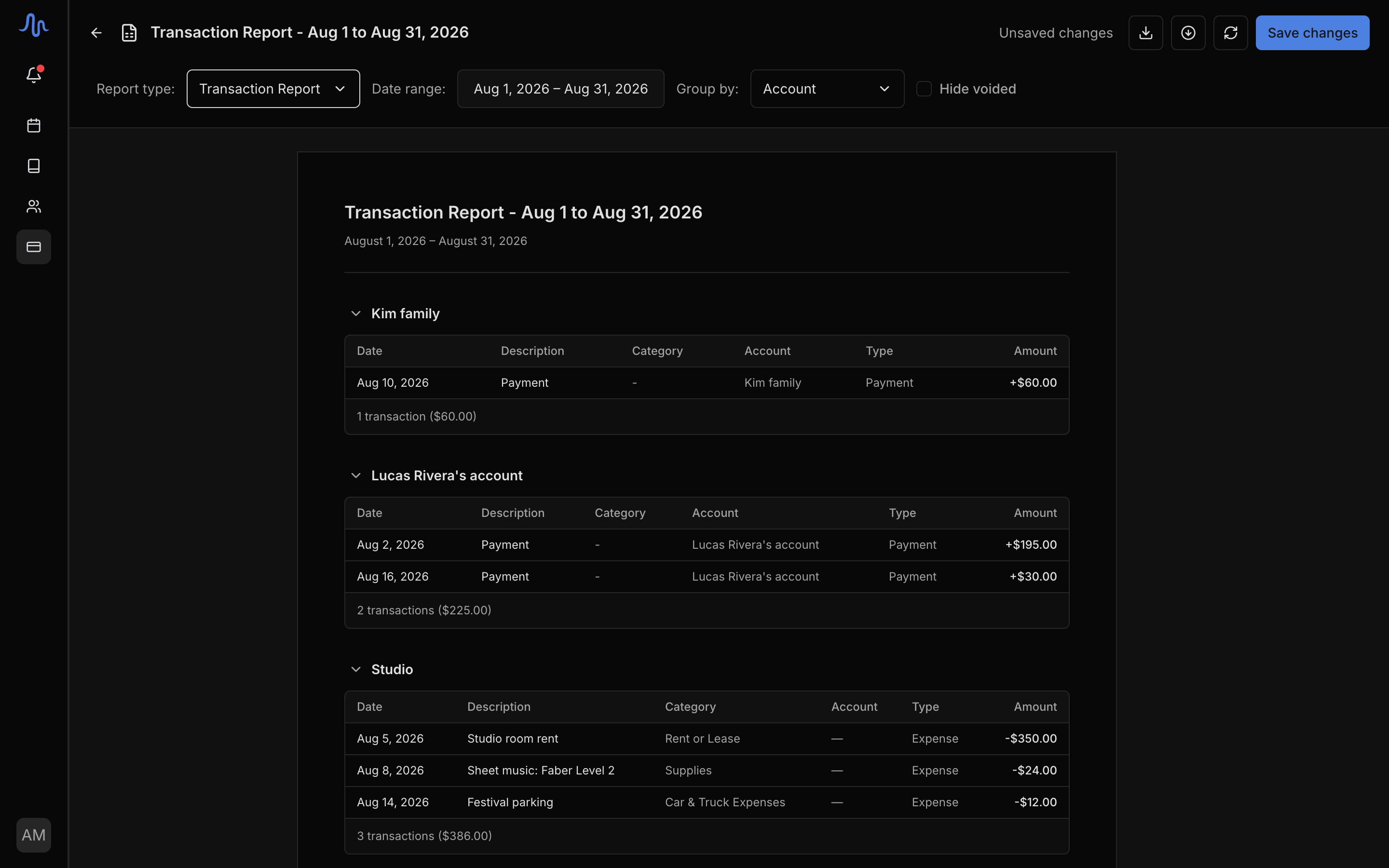 A built transaction report with the Account column, a student name as sub-text under a charge row, and the CSV/PDF export controls in the header