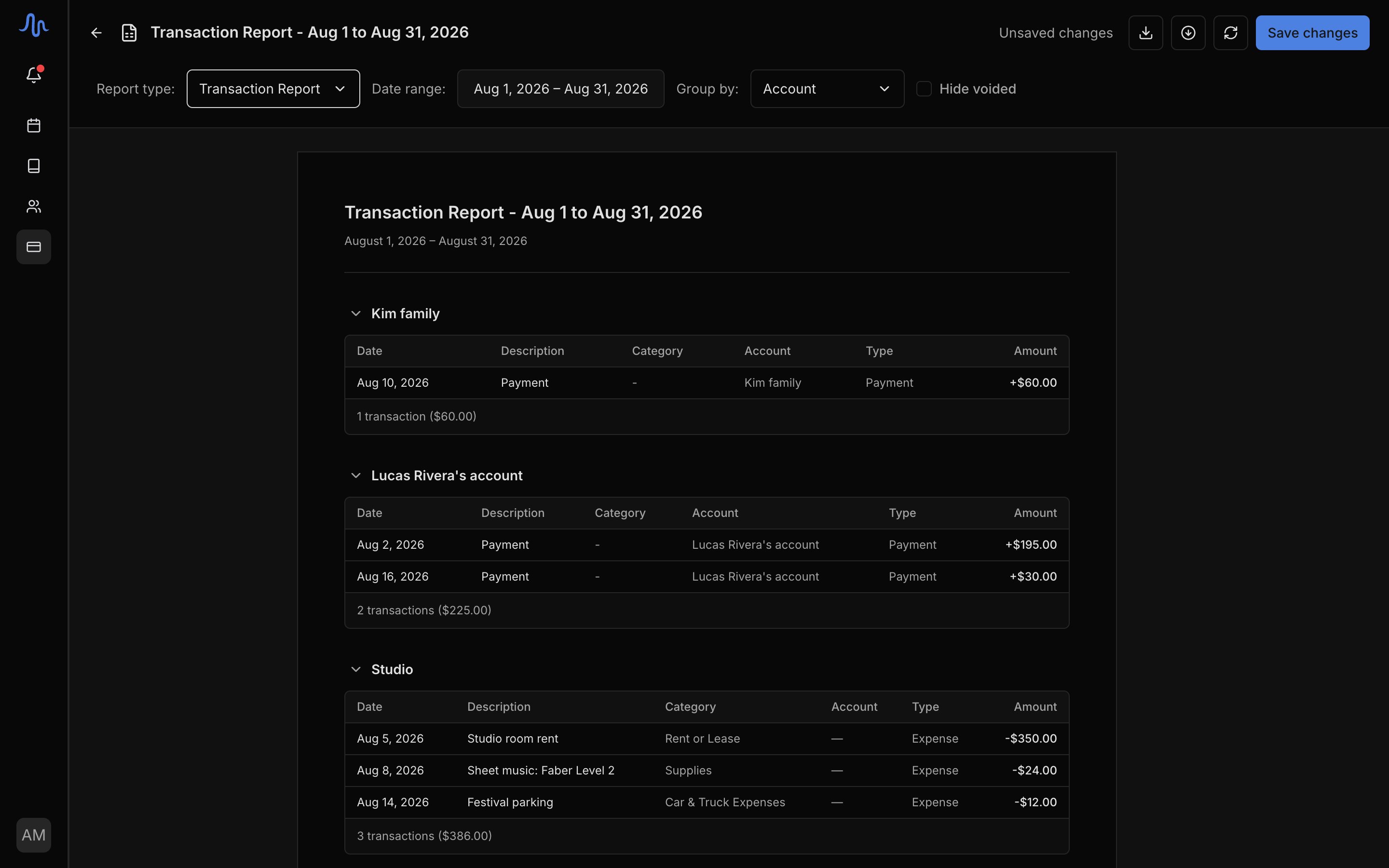 A built transaction report with the Account column, a student name as sub-text under a charge row, and the CSV/PDF export controls in the header