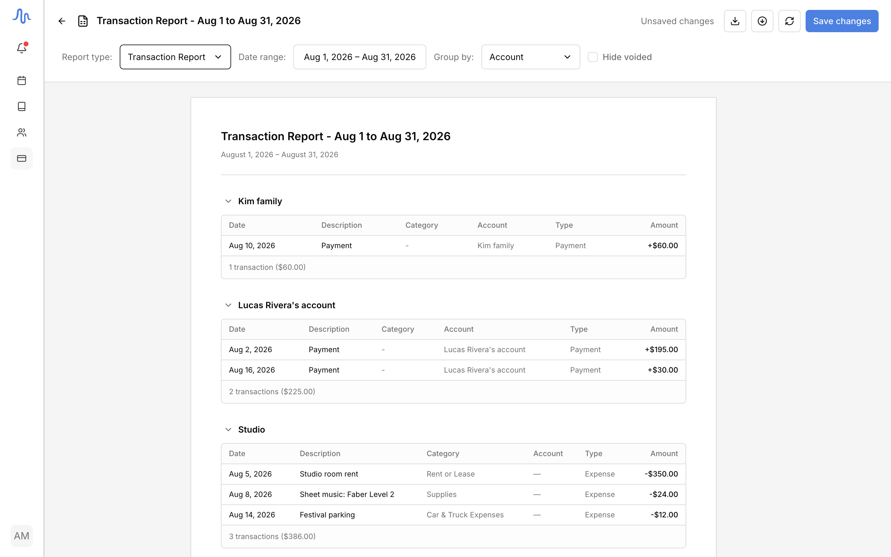 A built transaction report with the Account column, a student name as sub-text under a charge row, and the CSV/PDF export controls in the header