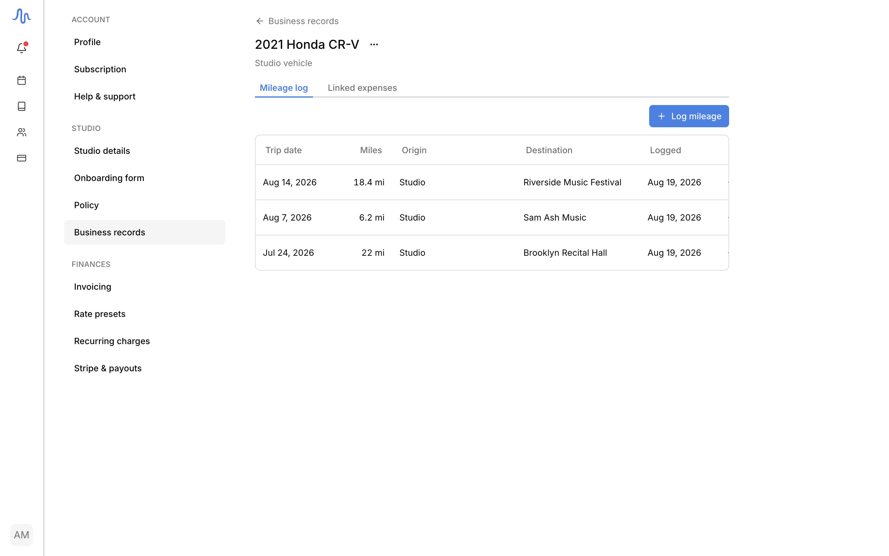 A vehicle page with the Mileage log and Linked expenses tabs
