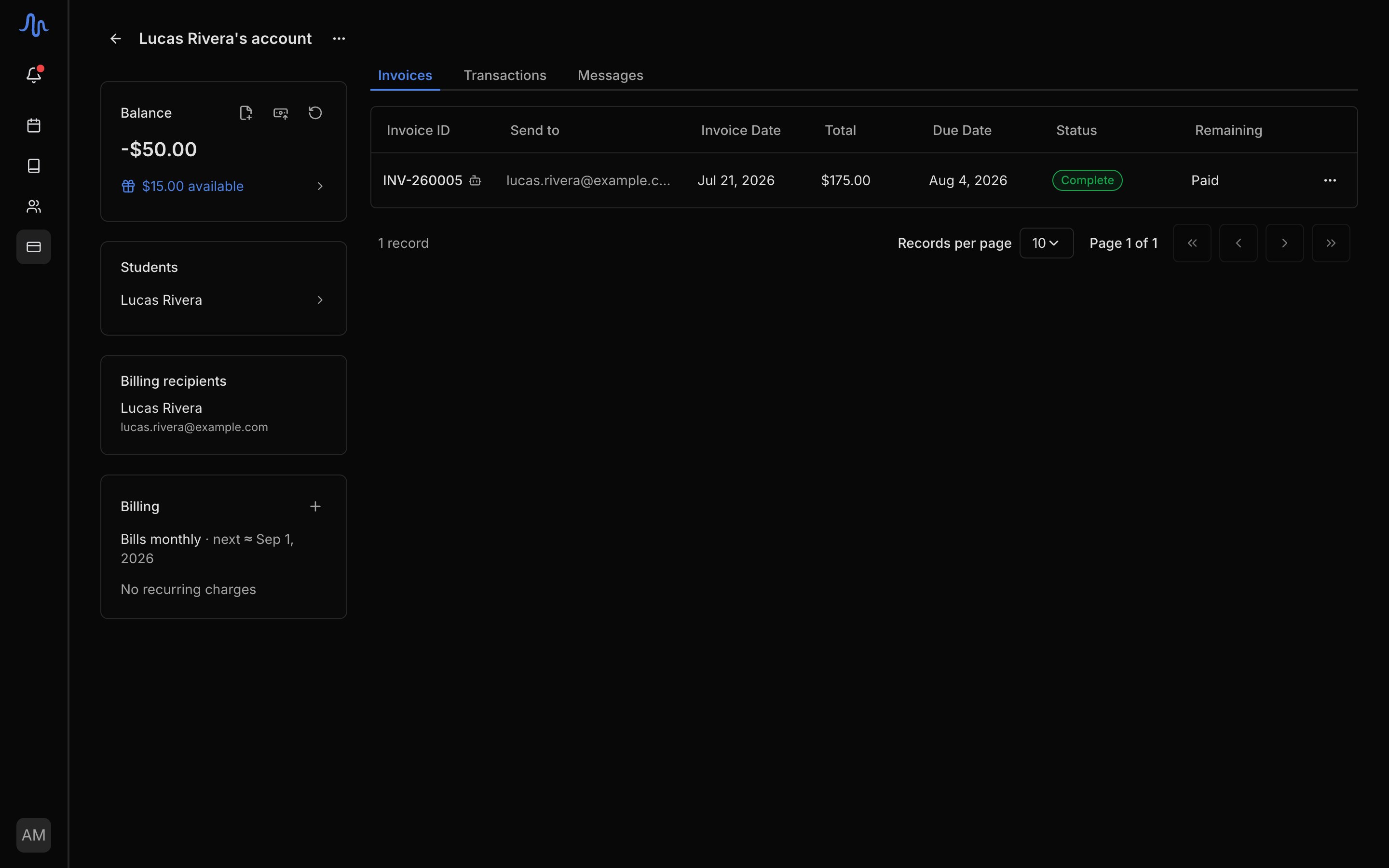 An account page for a student in credit: the Balance card reads -$50.00 with $15.00 of credit available and the refund action, beside the Students, Billing recipients, and Billing cards, with the account's invoice table on the right