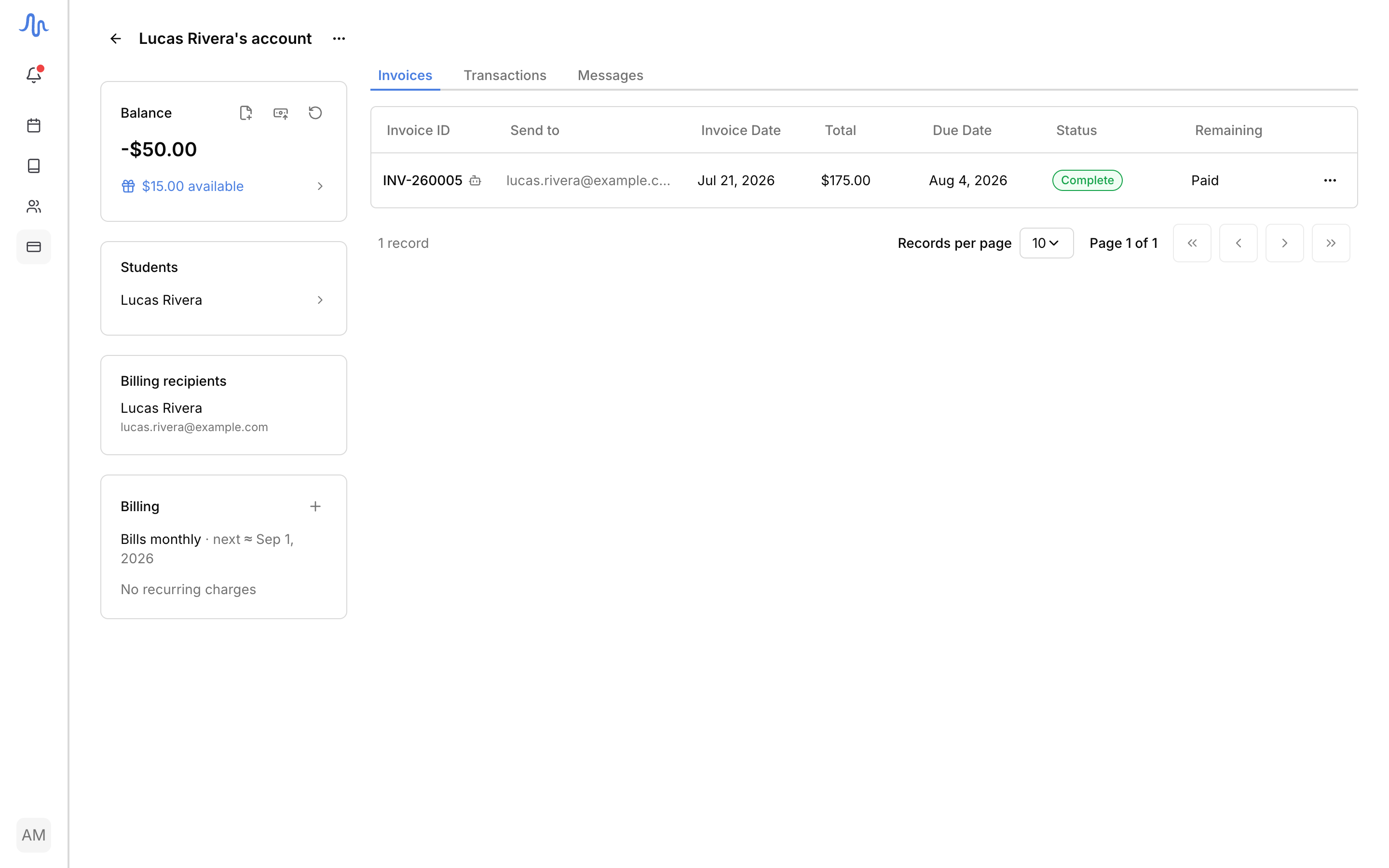 An account page for a student in credit: the Balance card reads -$50.00 with $15.00 of credit available and the refund action, beside the Students, Billing recipients, and Billing cards, with the account's invoice table on the right