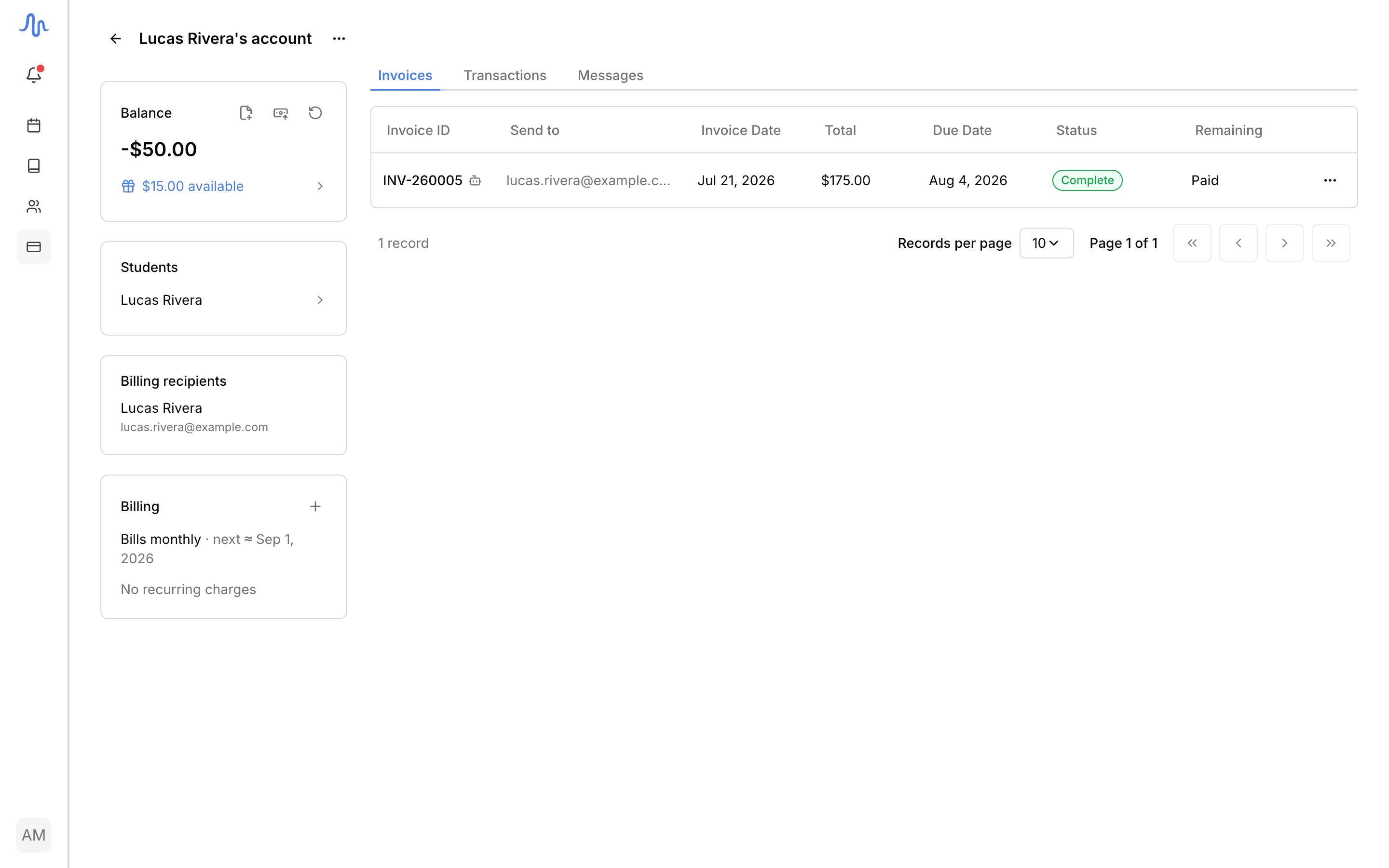 An account page for a student in credit: the Balance card reads -$50.00 with $15.00 of credit available and the refund action, beside the Students, Billing recipients, and Billing cards, with the account's invoice table on the right