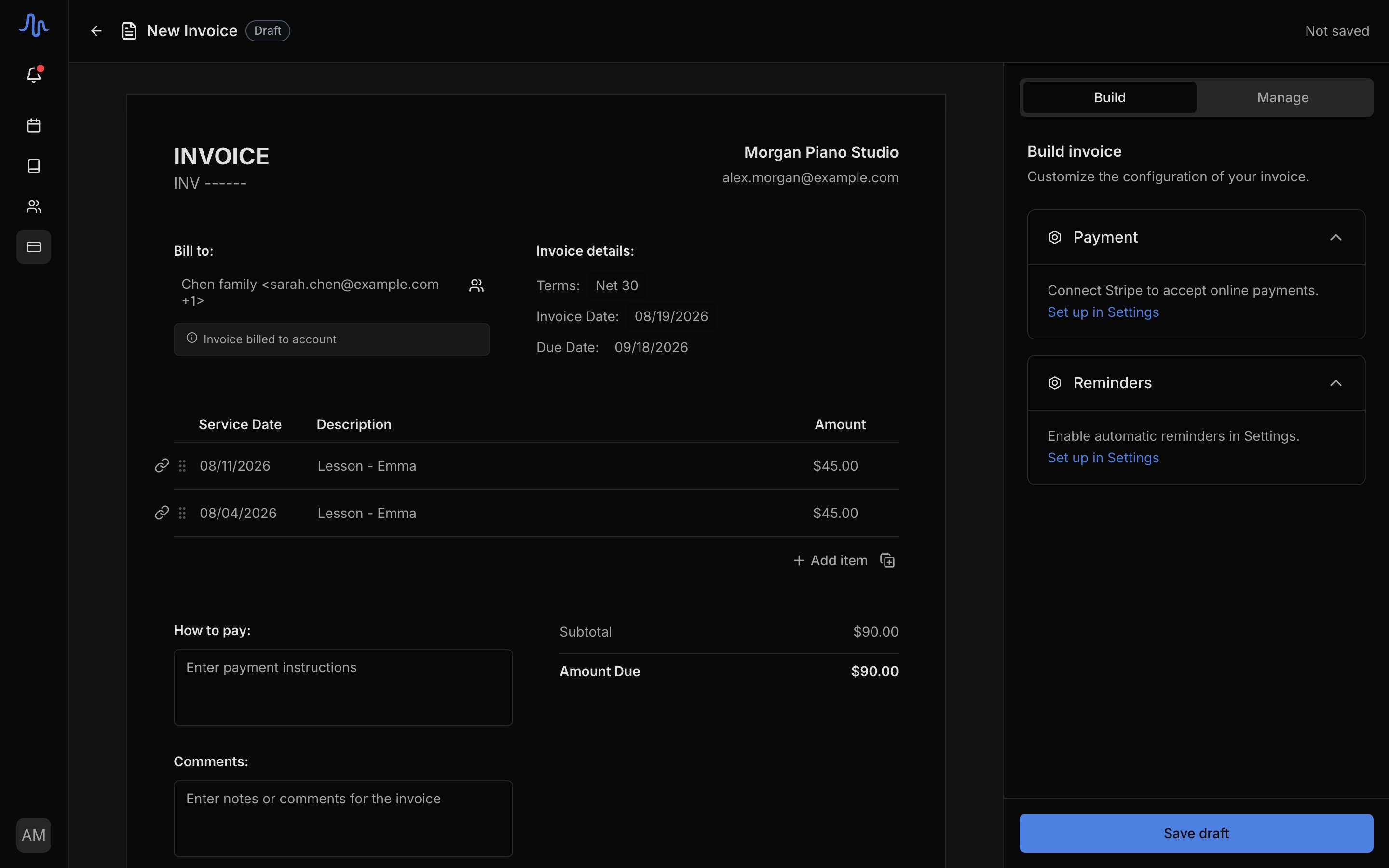 The New invoice editor with an account picked, two charges attached, and the amount-due total visible