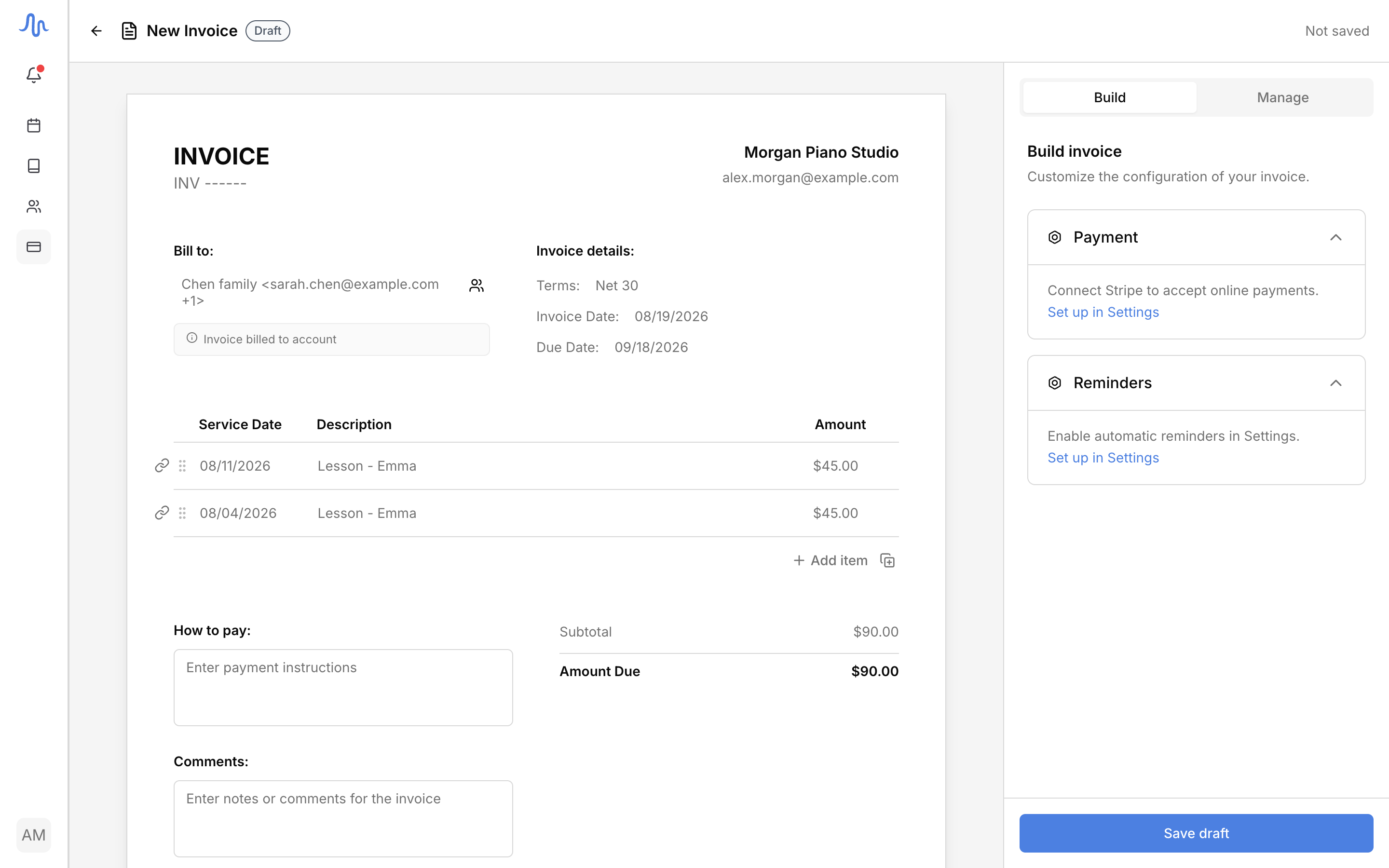 The New invoice editor with an account picked, two charges attached, and the amount-due total visible