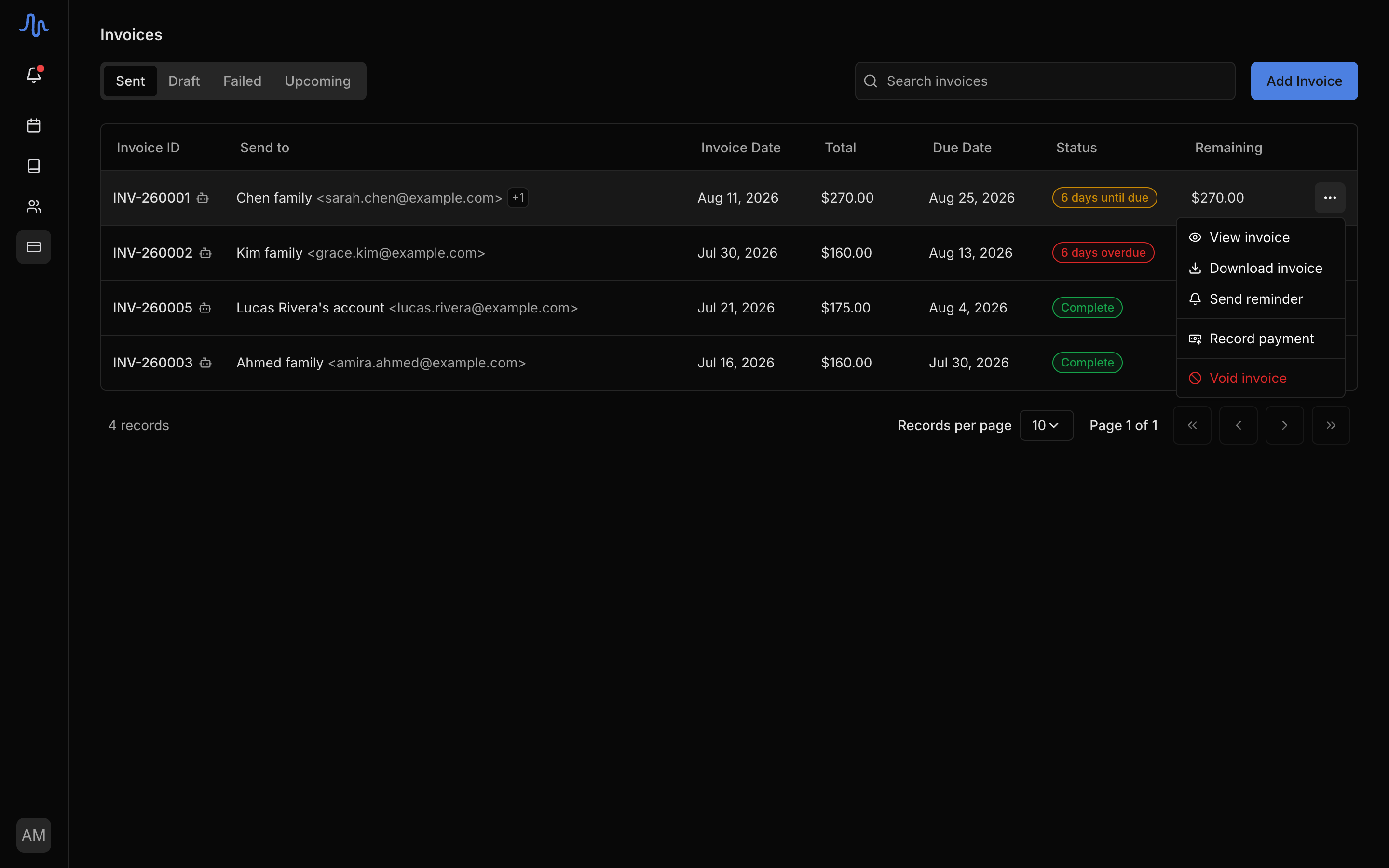 Finances → Invoices list with a mix of statuses (Draft, a '5 days until due', Overdue, Complete) and the row actions menu (the ⋯ button) open on one row