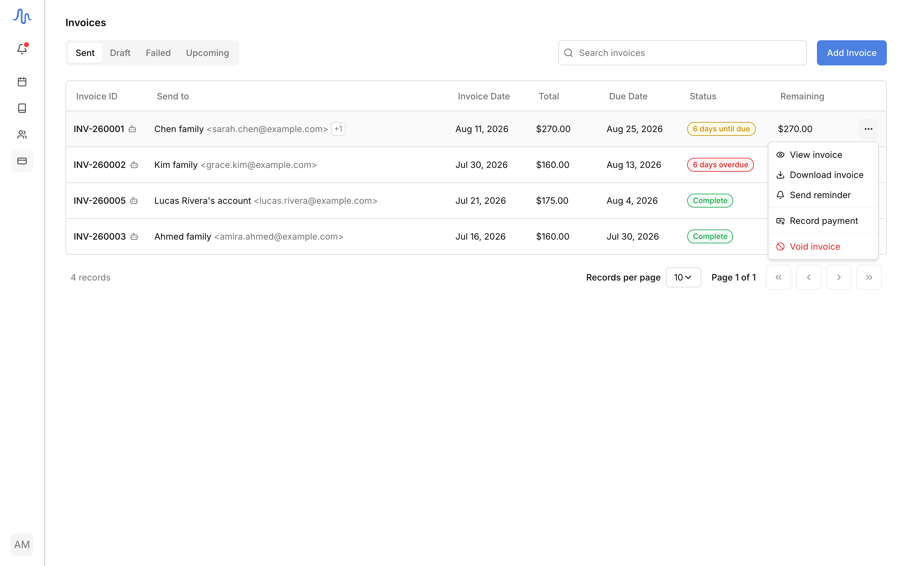 Finances → Invoices list with a mix of statuses (Draft, a '5 days until due', Overdue, Complete) and the row actions menu (the ⋯ button) open on one row
