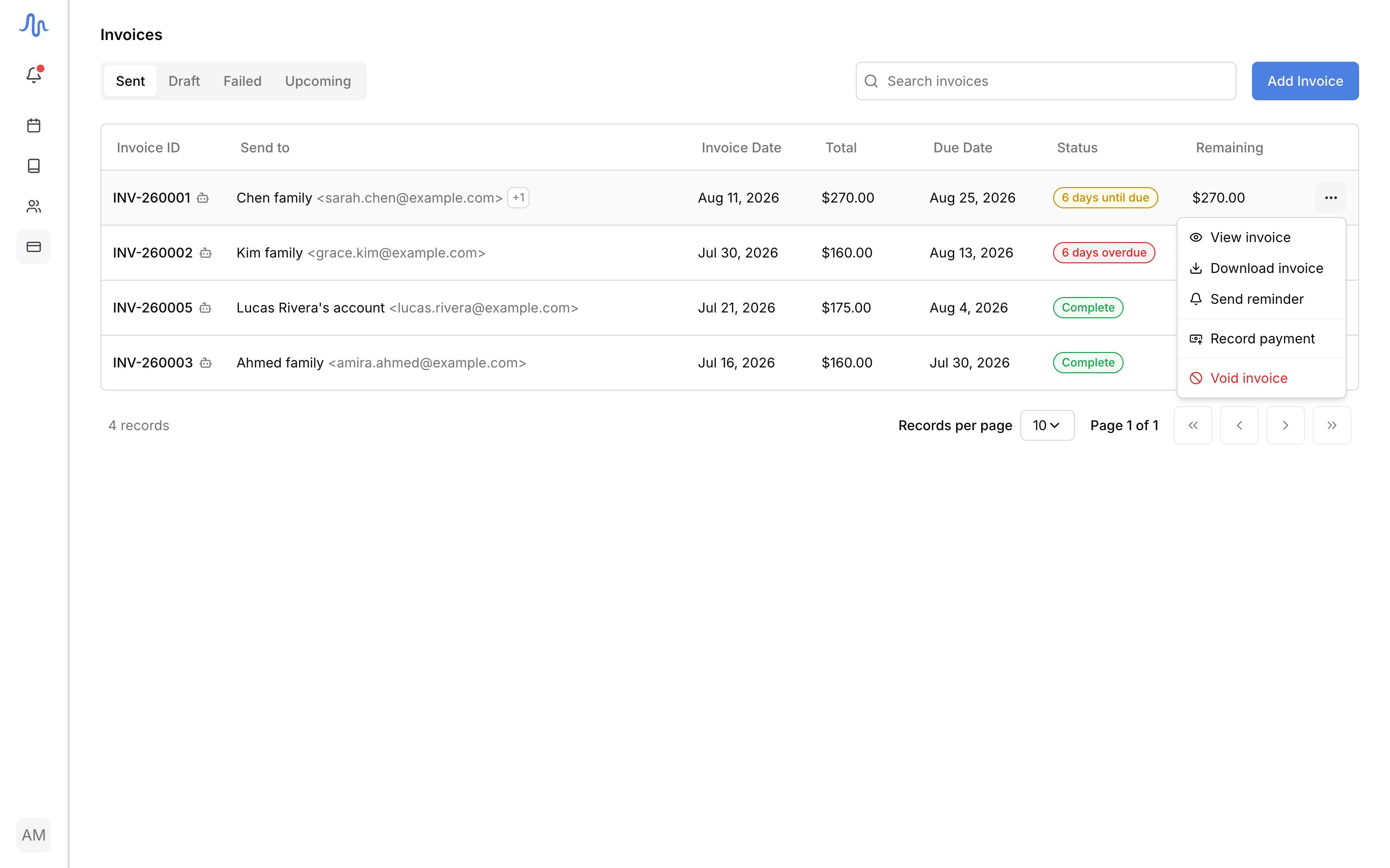 Finances → Invoices list with a mix of statuses (Draft, a '5 days until due', Overdue, Complete) and the row actions menu (the ⋯ button) open on one row